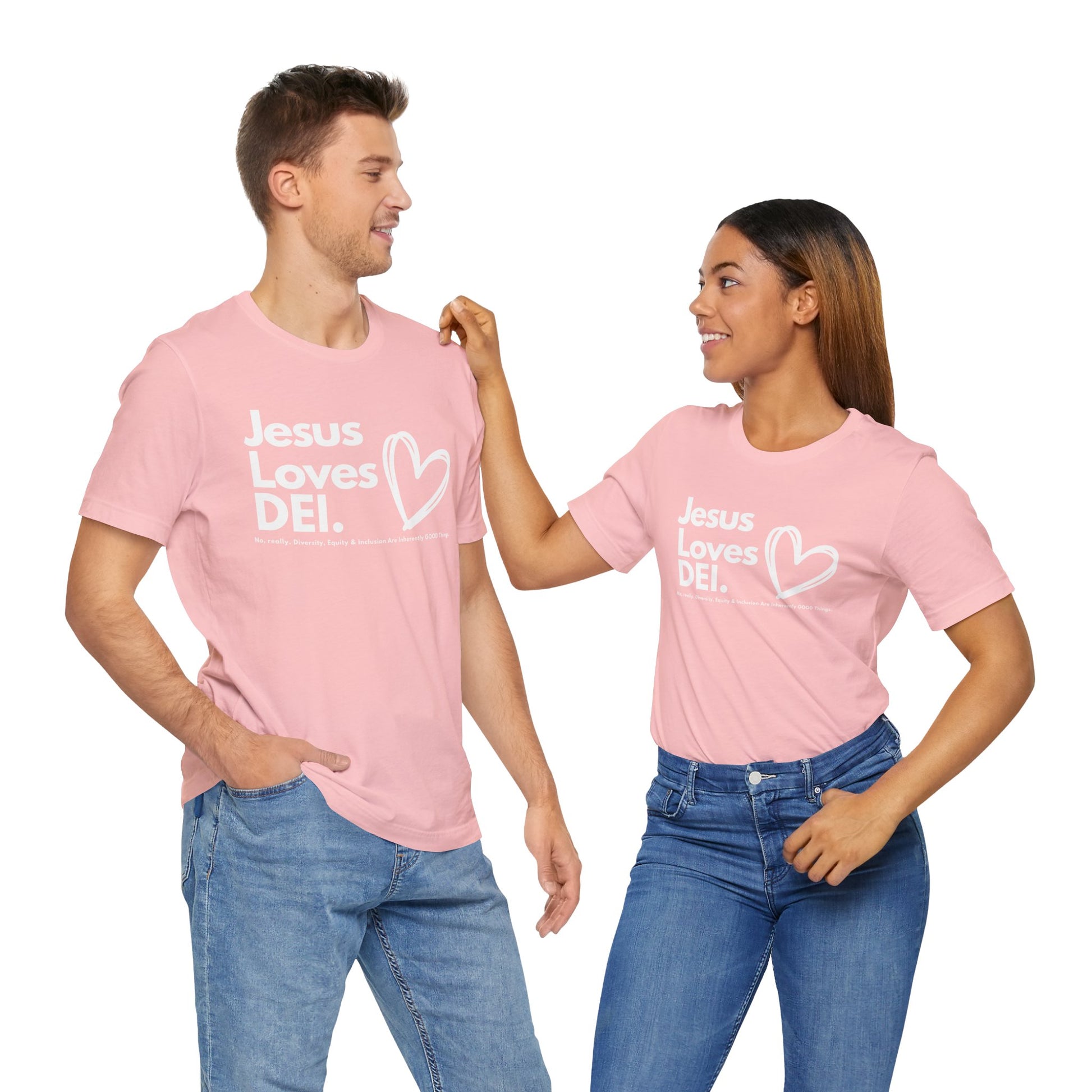 Jesus Loves DEI (Style 1, Heart) Unisex Tee | Progressive Statement T-Shirt for Everyday Wear