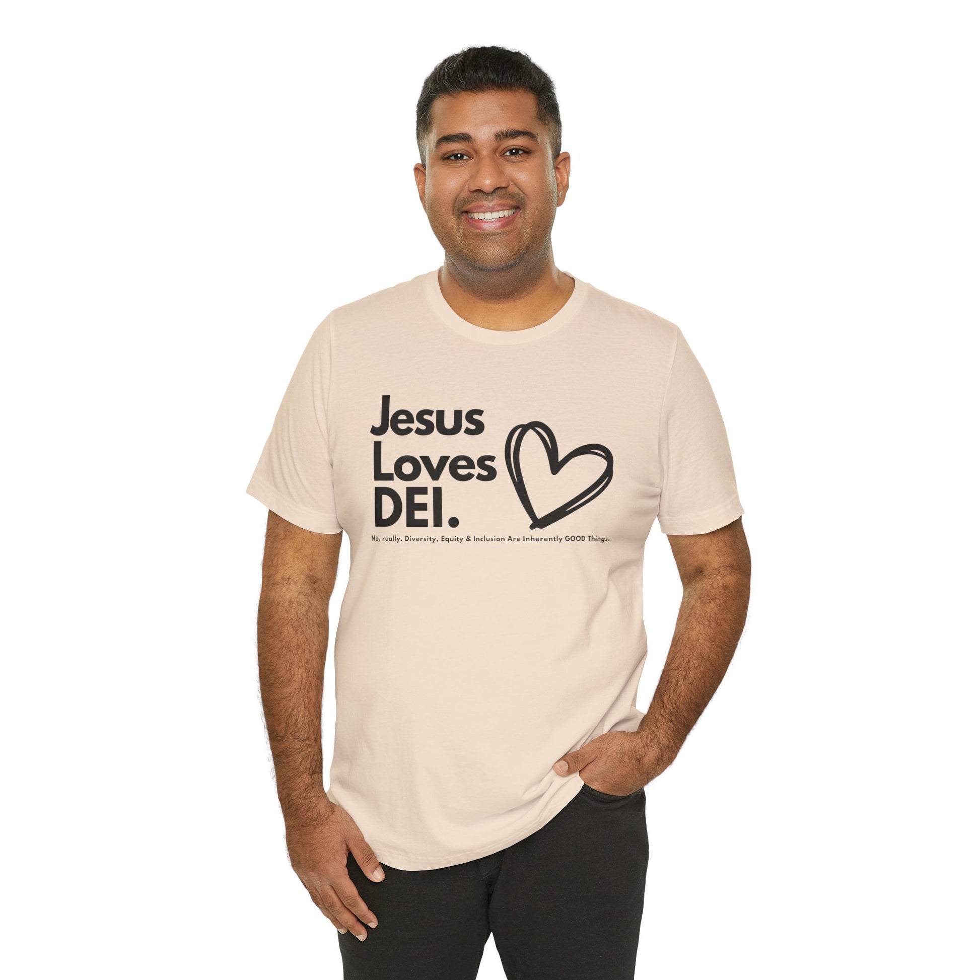 Jesus Loves DEI (Style 1, Heart) Unisex Tee | Progressive Statement T-Shirt for Everyday Wear