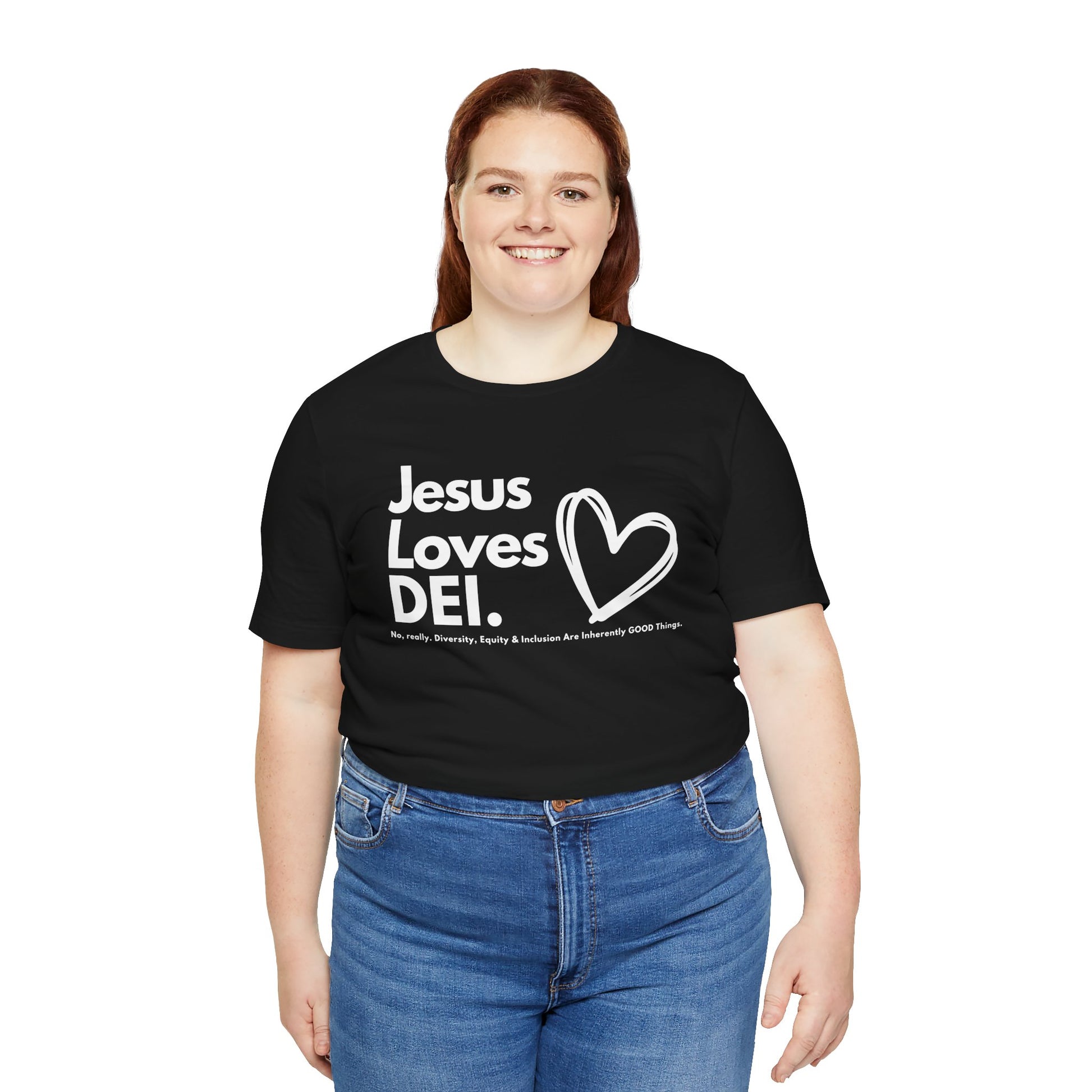 Jesus Loves DEI (Style 1, Heart) Unisex Tee | Progressive Statement T-Shirt for Everyday Wear
