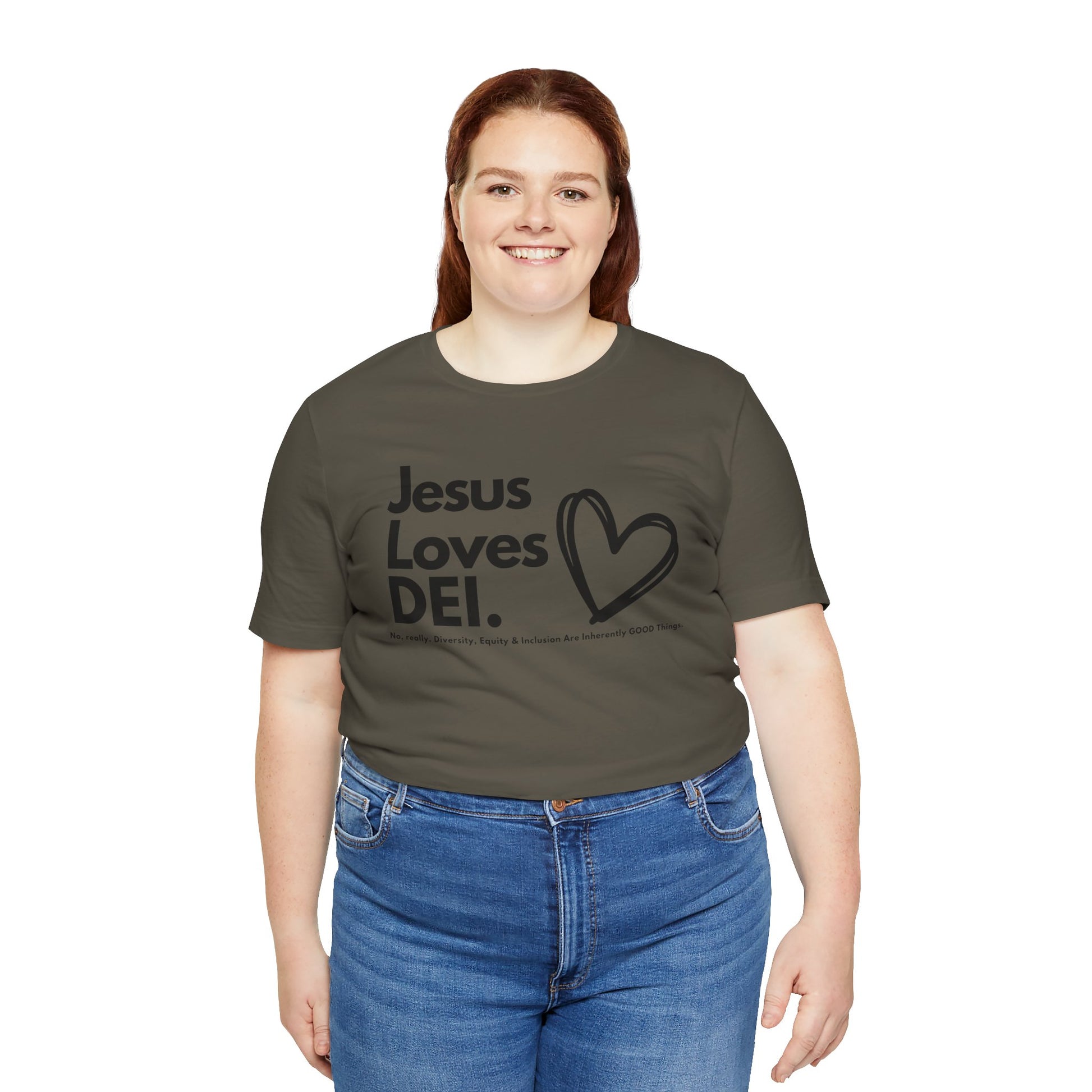 Jesus Loves DEI (Style 1, Heart) Unisex Tee | Progressive Statement T-Shirt for Everyday Wear