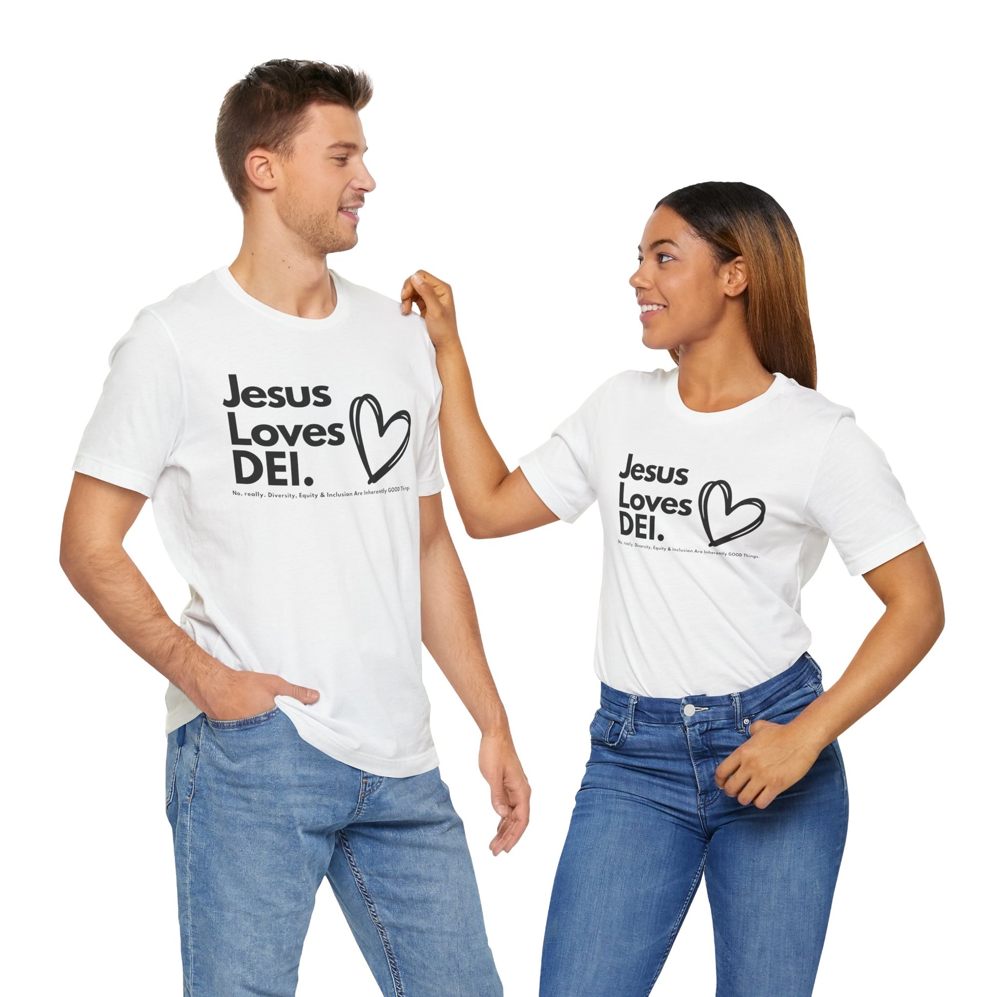 Jesus Loves DEI (Style 1, Heart) Unisex Tee | Progressive Statement T-Shirt for Everyday Wear