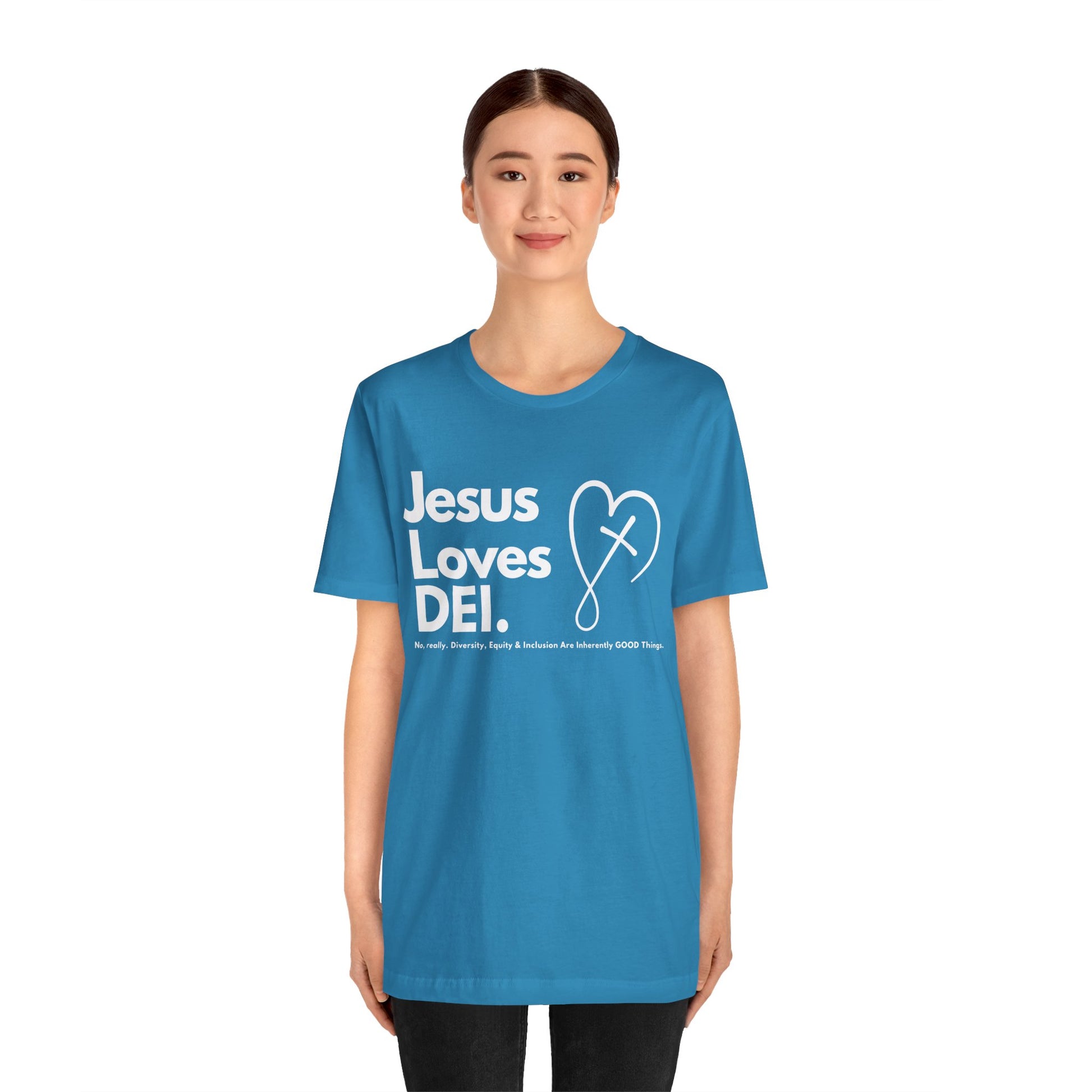 Jesus Loves DEI (Style 2, CrossHeart) Unisex Jersey Tee | Progressive Statement T-Shirt for Everyday Wear