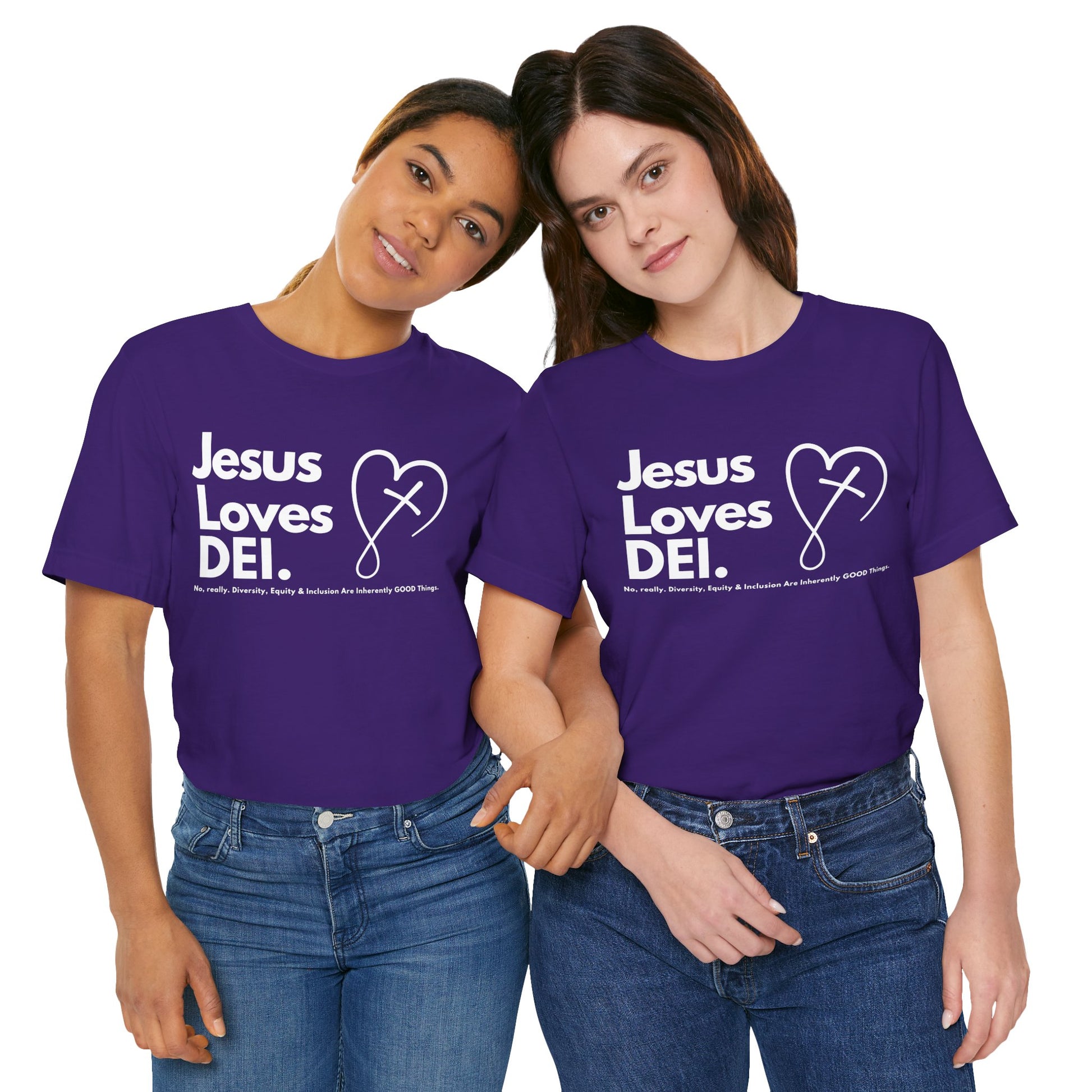 Jesus Loves DEI (Style 2, CrossHeart) Unisex Jersey Tee | Progressive Statement T-Shirt for Everyday Wear