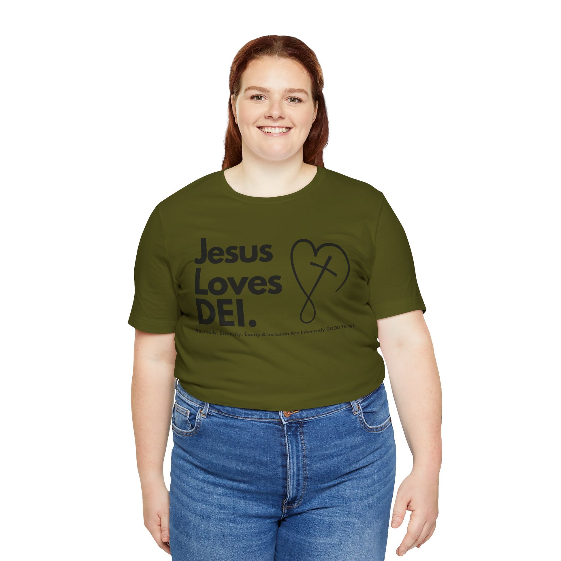 Jesus Loves DEI (Style 2, CrossHeart) Unisex Jersey Tee | Progressive Statement T-Shirt for Everyday Wear