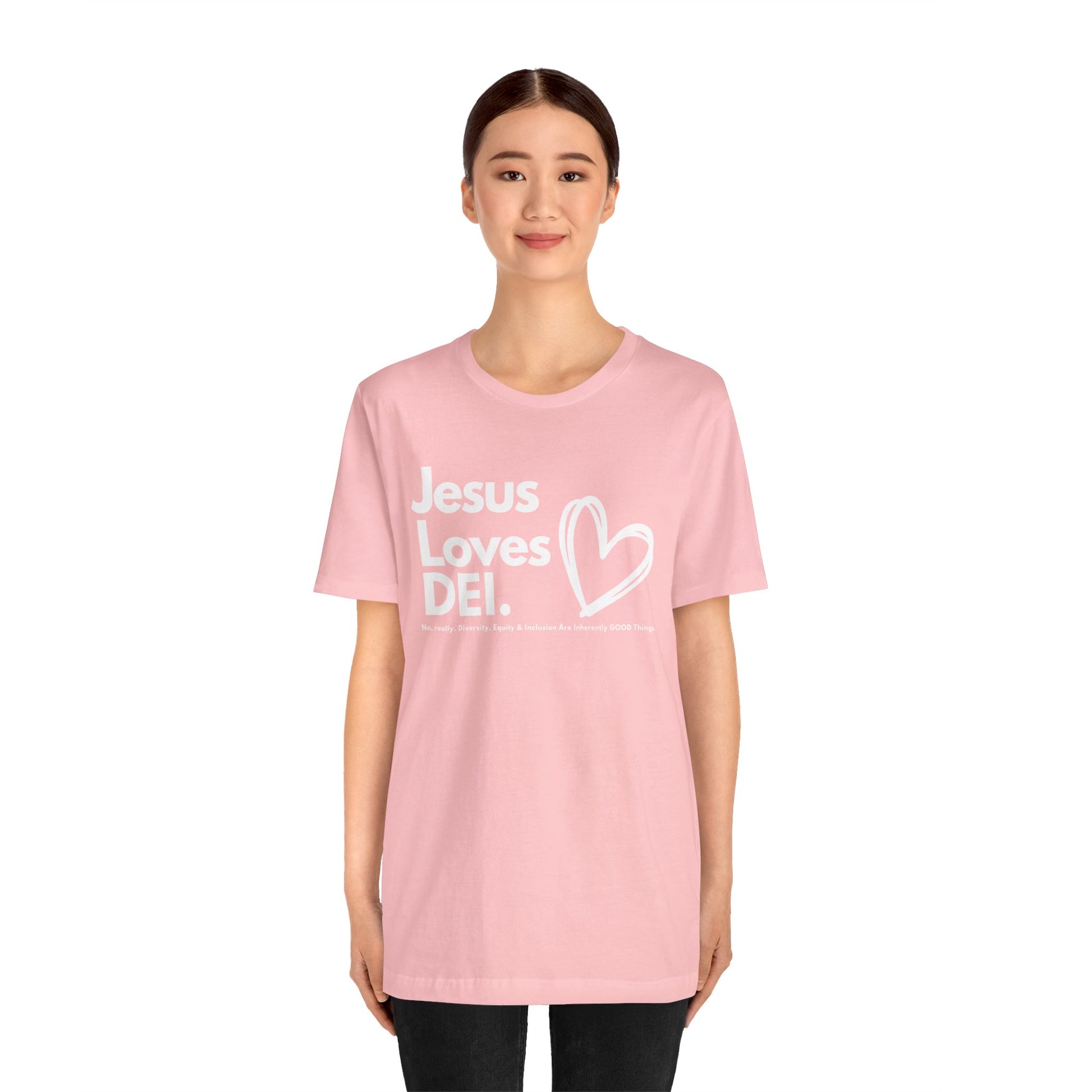 Jesus Loves DEI (Style 1, Heart) Unisex Tee | Progressive Statement T-Shirt for Everyday Wear