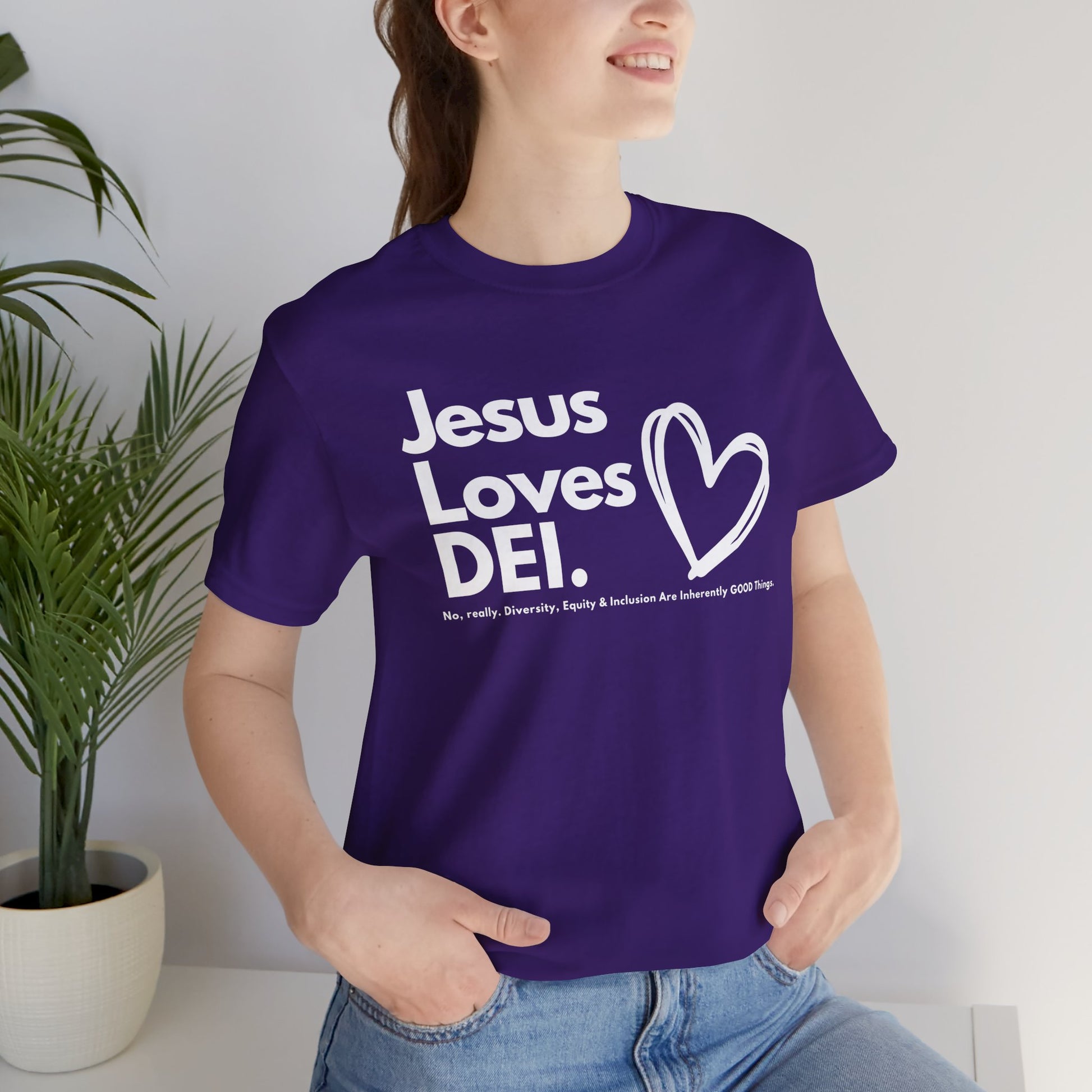 Jesus Loves DEI (Style 1, Heart) Unisex Tee | Progressive Statement T-Shirt for Everyday Wear