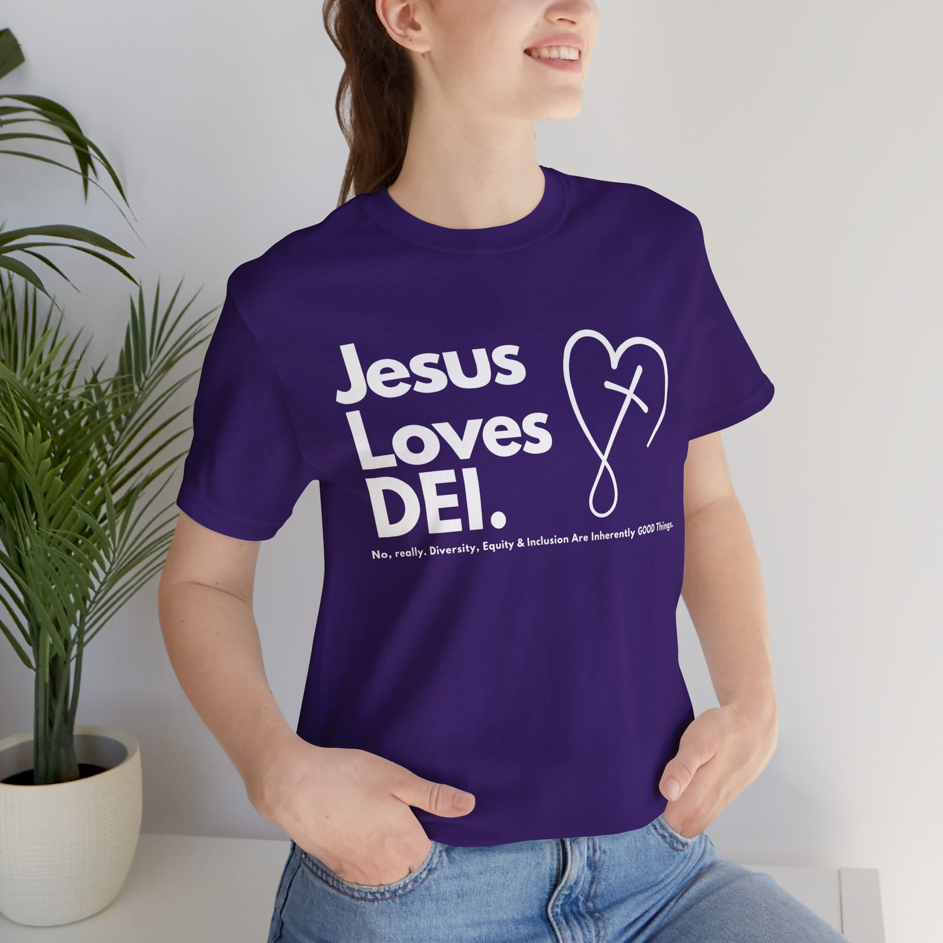 Jesus Loves DEI (Style 2, CrossHeart) Unisex Jersey Tee | Progressive Statement T-Shirt for Everyday Wear
