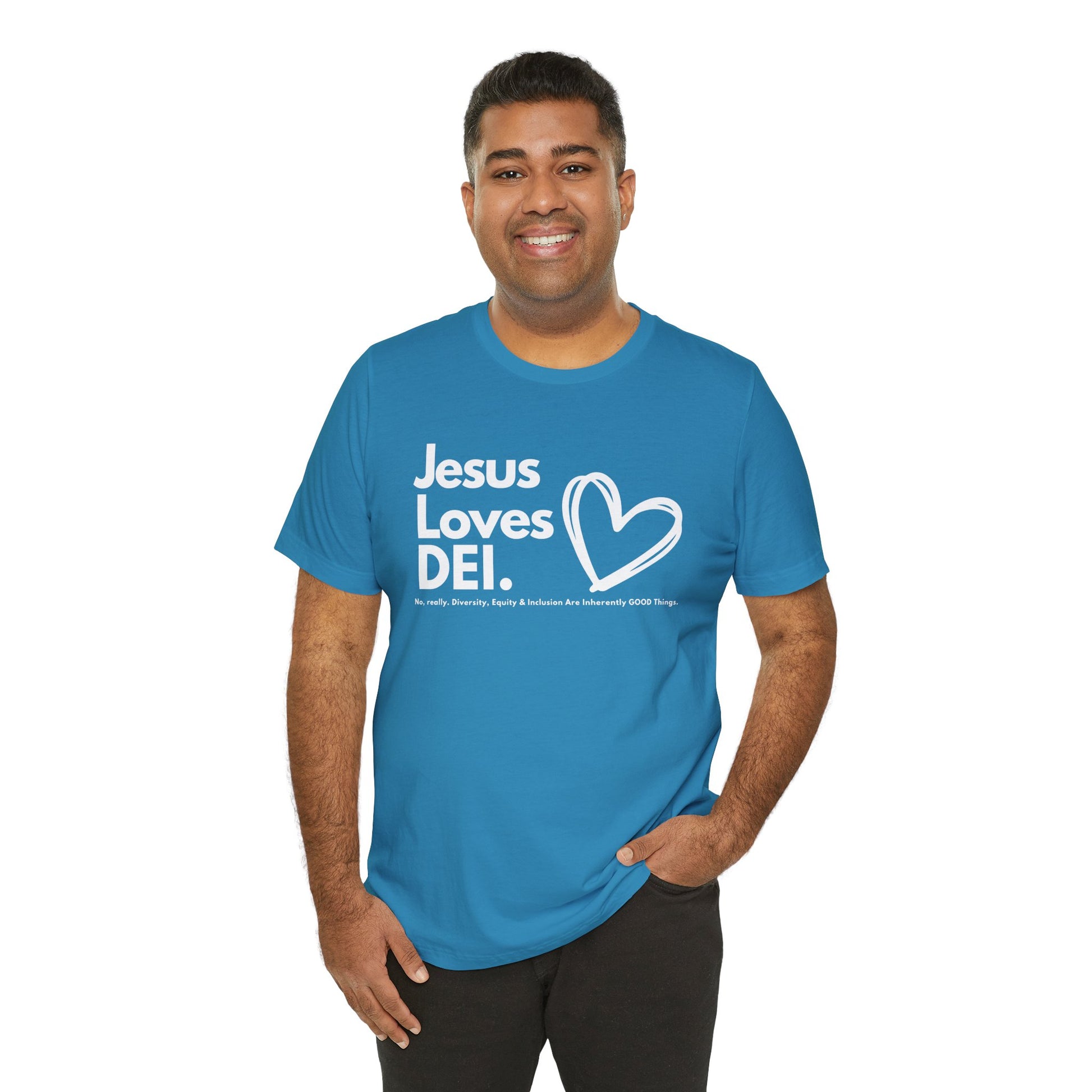 Jesus Loves DEI (Style 1, Heart) Unisex Tee | Progressive Statement T-Shirt for Everyday Wear