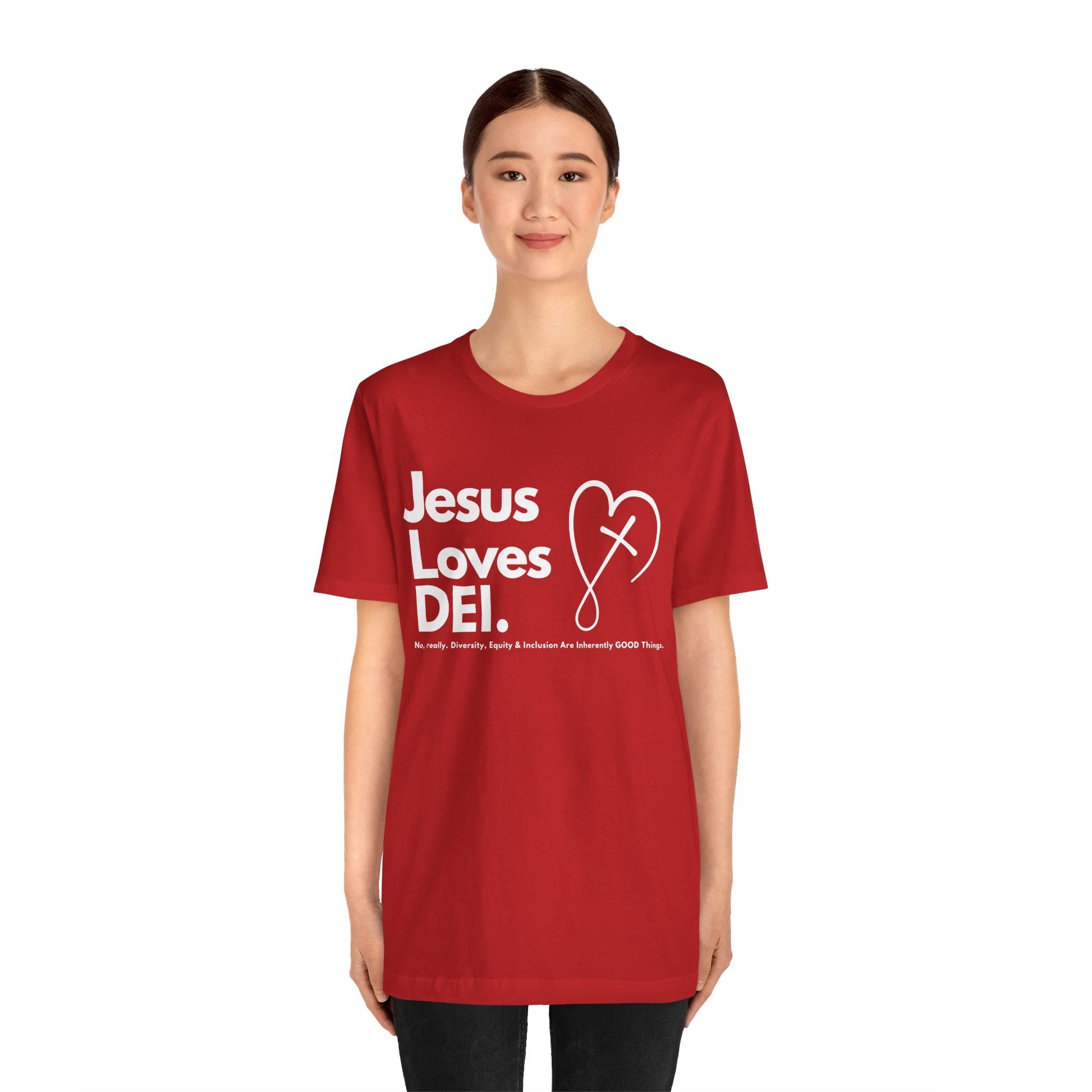 Jesus Loves DEI (Style 2, CrossHeart) Unisex Jersey Tee | Progressive Statement T-Shirt for Everyday Wear