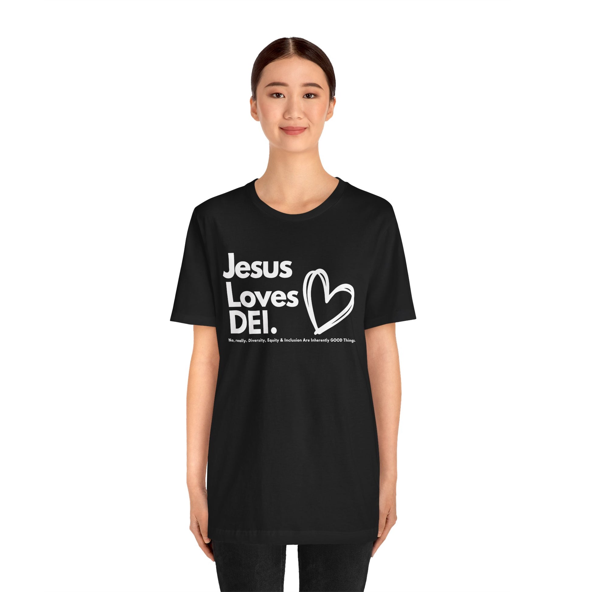 Jesus Loves DEI (Style 1, Heart) Unisex Tee | Progressive Statement T-Shirt for Everyday Wear