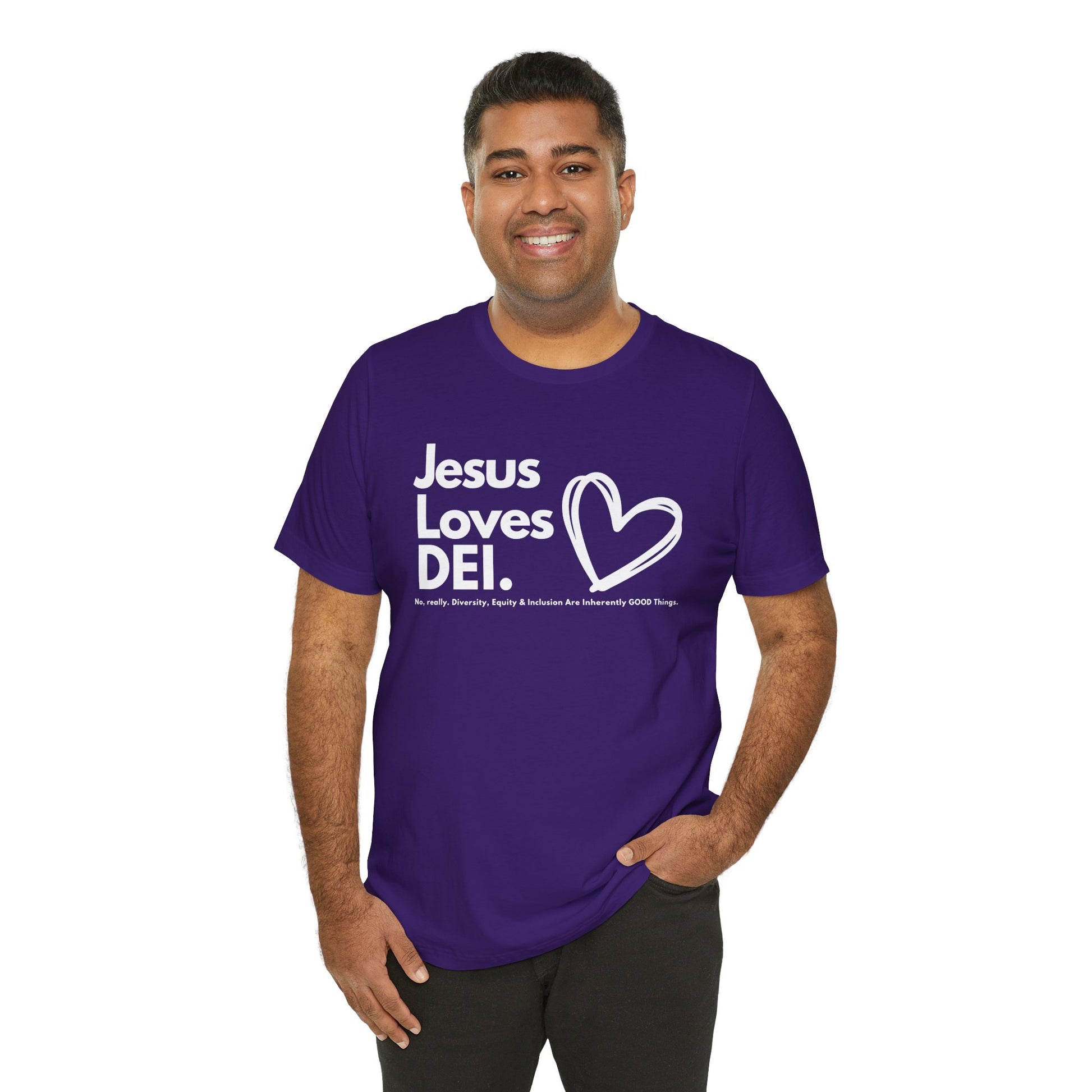 Jesus Loves DEI (Style 1, Heart) Unisex Tee | Progressive Statement T-Shirt for Everyday Wear