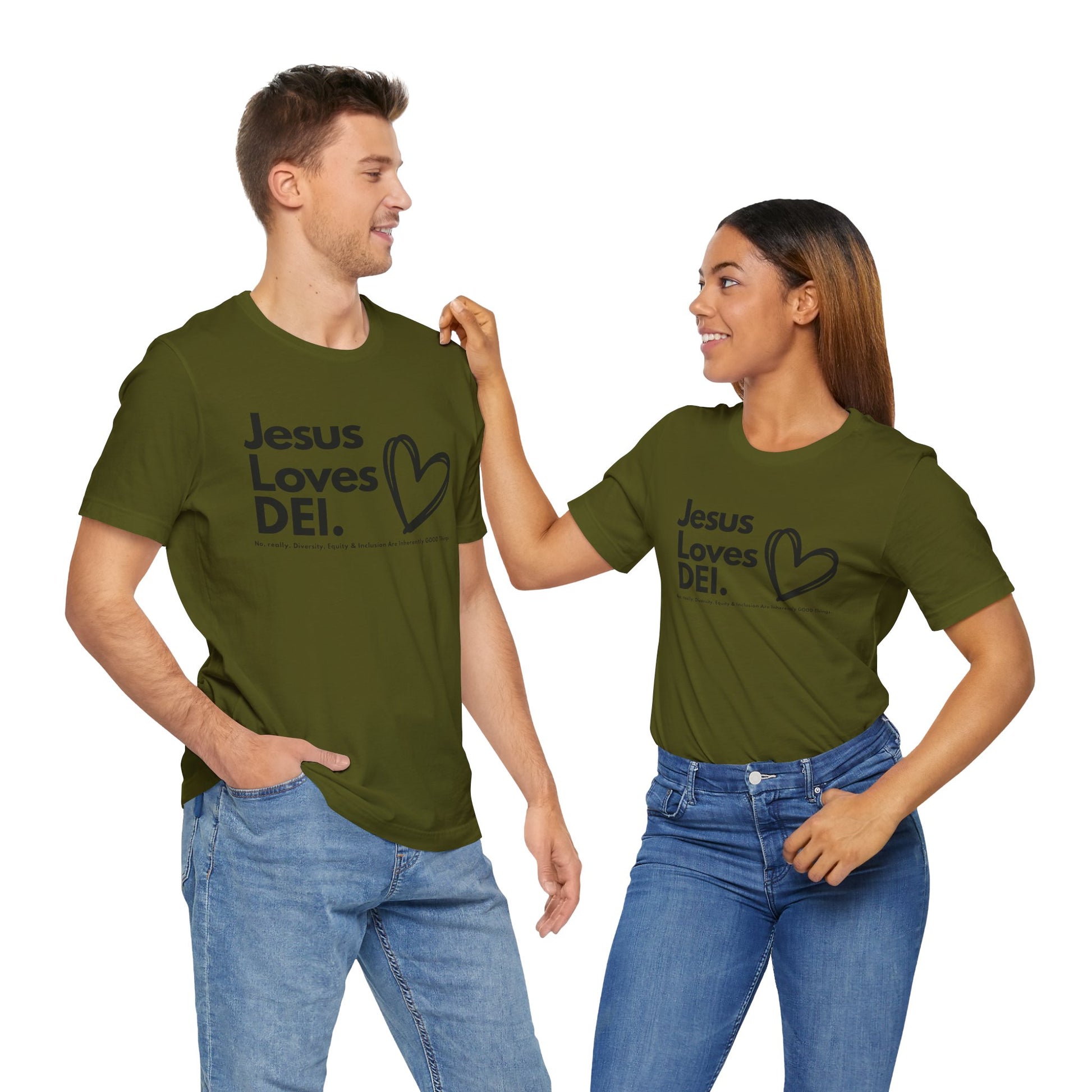 Jesus Loves DEI (Style 1, Heart) Unisex Tee | Progressive Statement T-Shirt for Everyday Wear