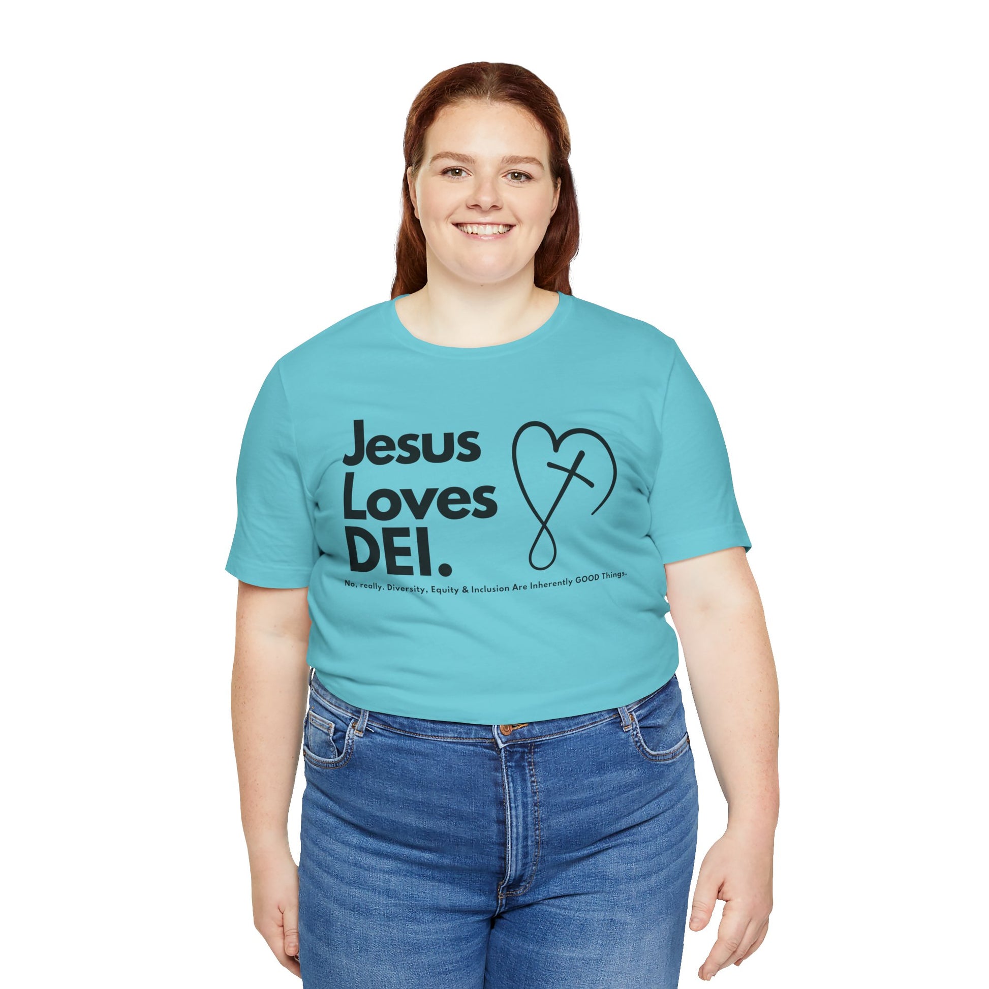 Jesus Loves DEI (Style 2, CrossHeart) Unisex Jersey Tee | Progressive Statement T-Shirt for Everyday Wear
