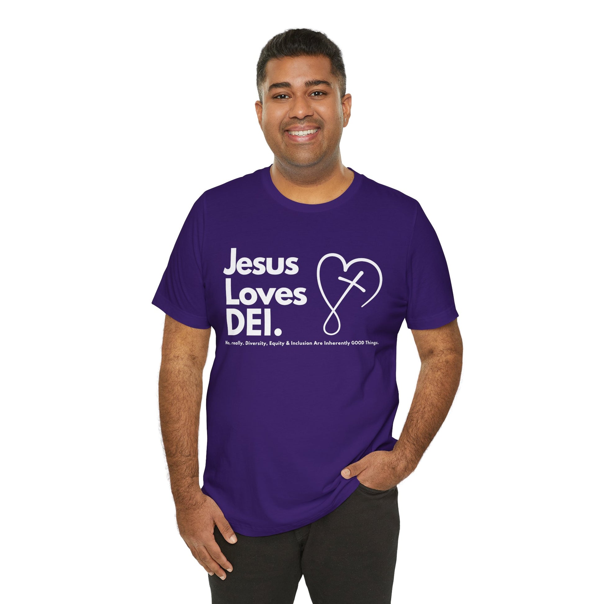 Jesus Loves DEI (Style 2, CrossHeart) Unisex Jersey Tee | Progressive Statement T-Shirt for Everyday Wear