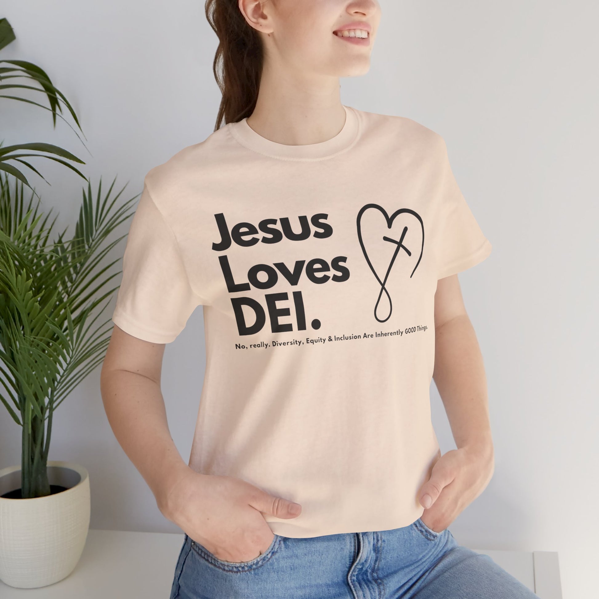 Jesus Loves DEI (Style 2, CrossHeart) Unisex Jersey Tee | Progressive Statement T-Shirt for Everyday Wear
