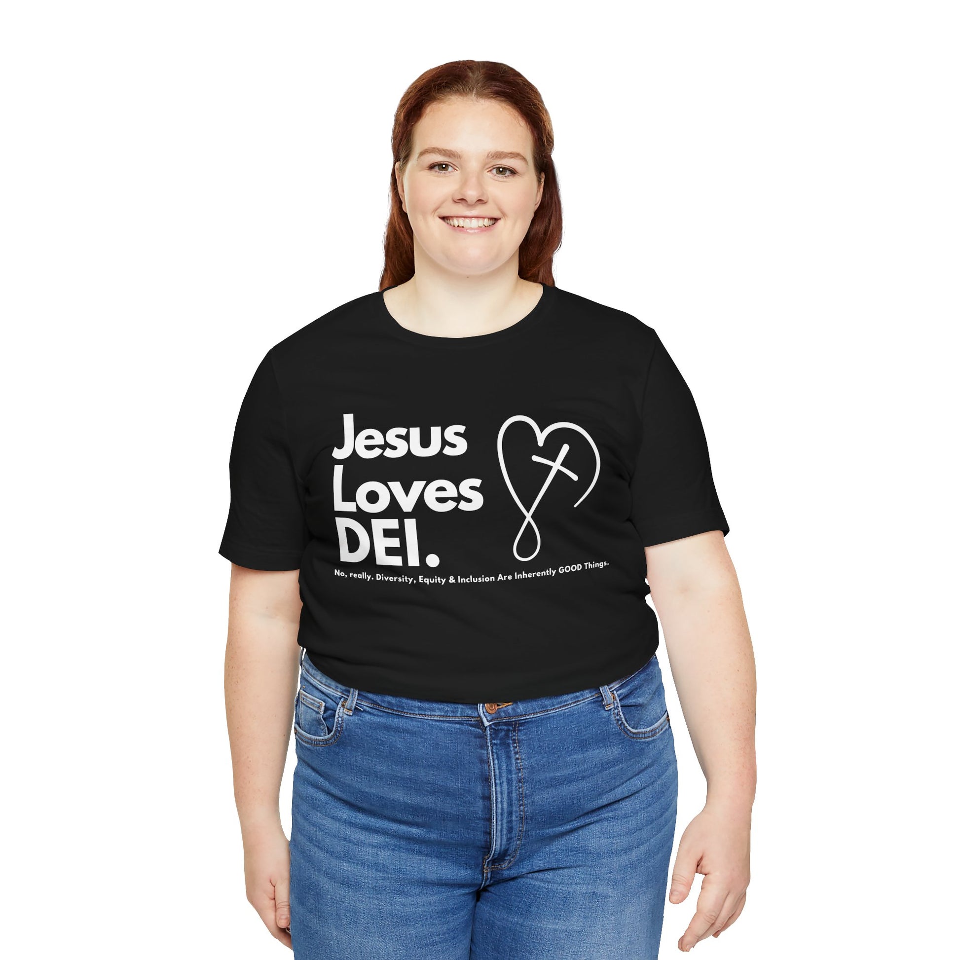 Jesus Loves DEI (Style 2, CrossHeart) Unisex Jersey Tee | Progressive Statement T-Shirt for Everyday Wear