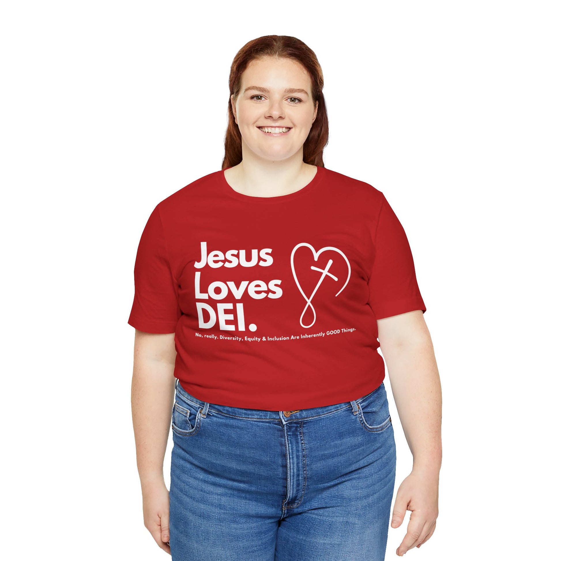 Jesus Loves DEI (Style 2, CrossHeart) Unisex Jersey Tee | Progressive Statement T-Shirt for Everyday Wear