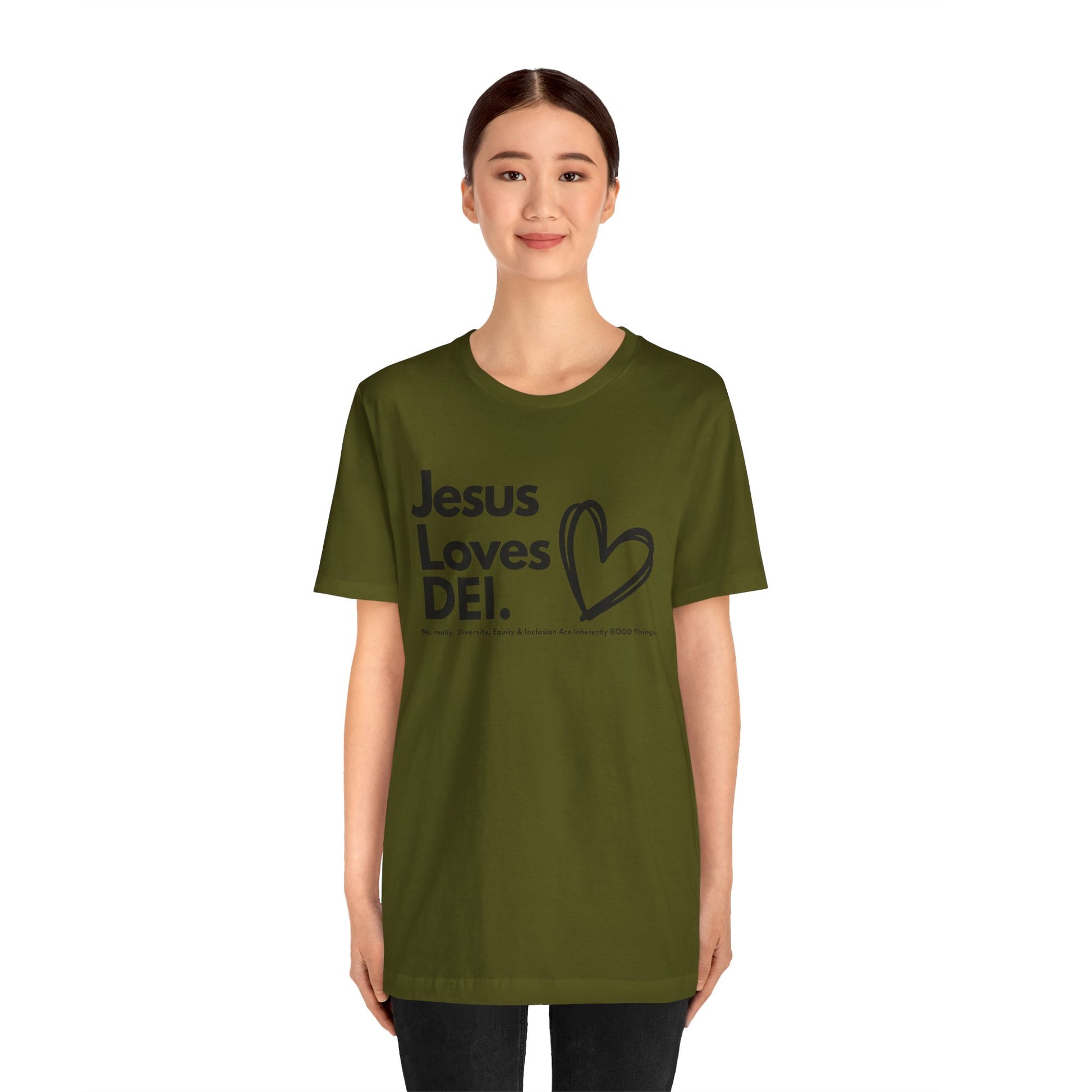 Jesus Loves DEI (Style 1, Heart) Unisex Tee | Progressive Statement T-Shirt for Everyday Wear