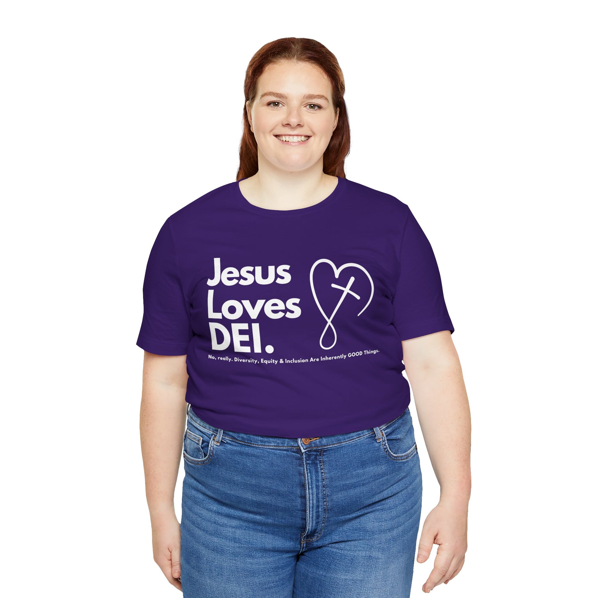 Jesus Loves DEI (Style 2, CrossHeart) Unisex Jersey Tee | Progressive Statement T-Shirt for Everyday Wear