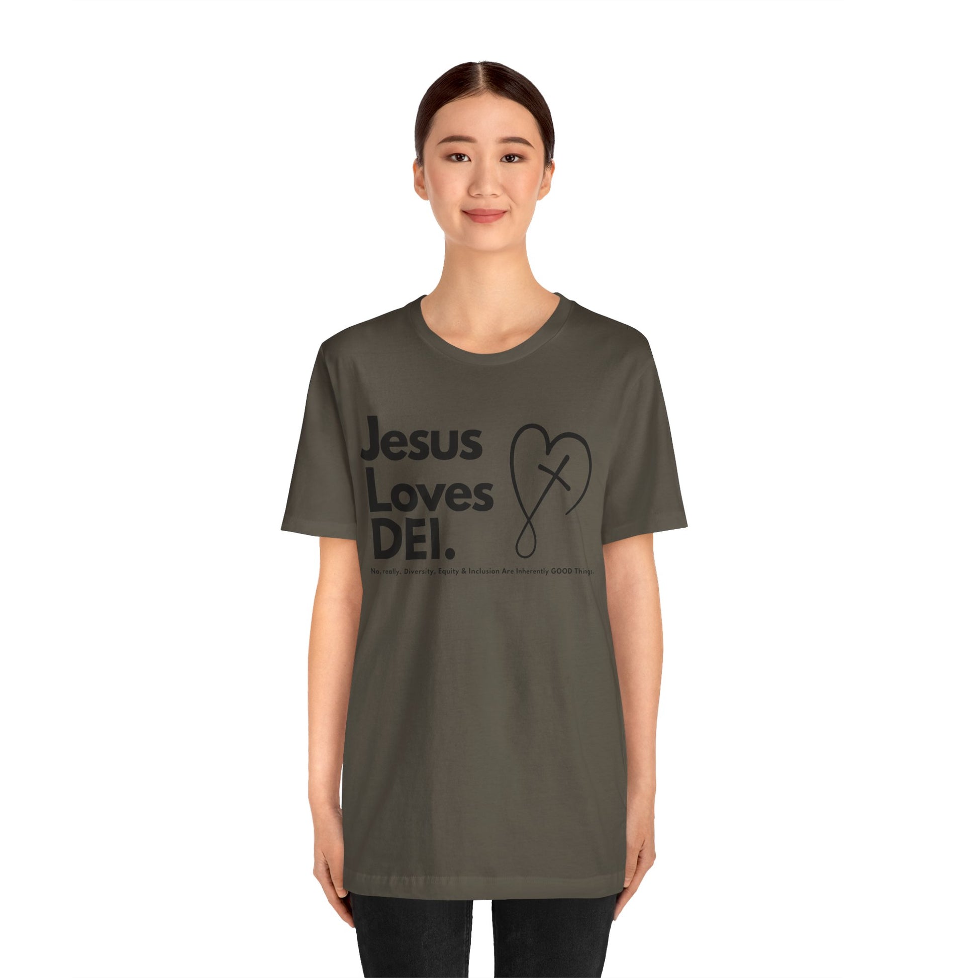 Jesus Loves DEI (Style 2, CrossHeart) Unisex Jersey Tee | Progressive Statement T-Shirt for Everyday Wear