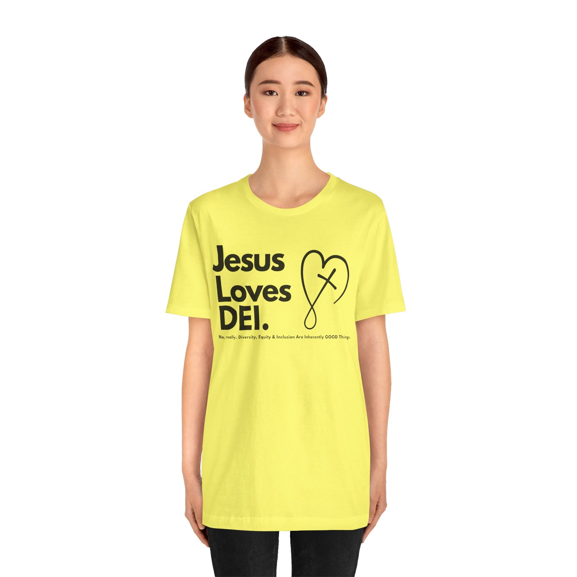 Jesus Loves DEI (Style 2, CrossHeart) Unisex Jersey Tee | Progressive Statement T-Shirt for Everyday Wear