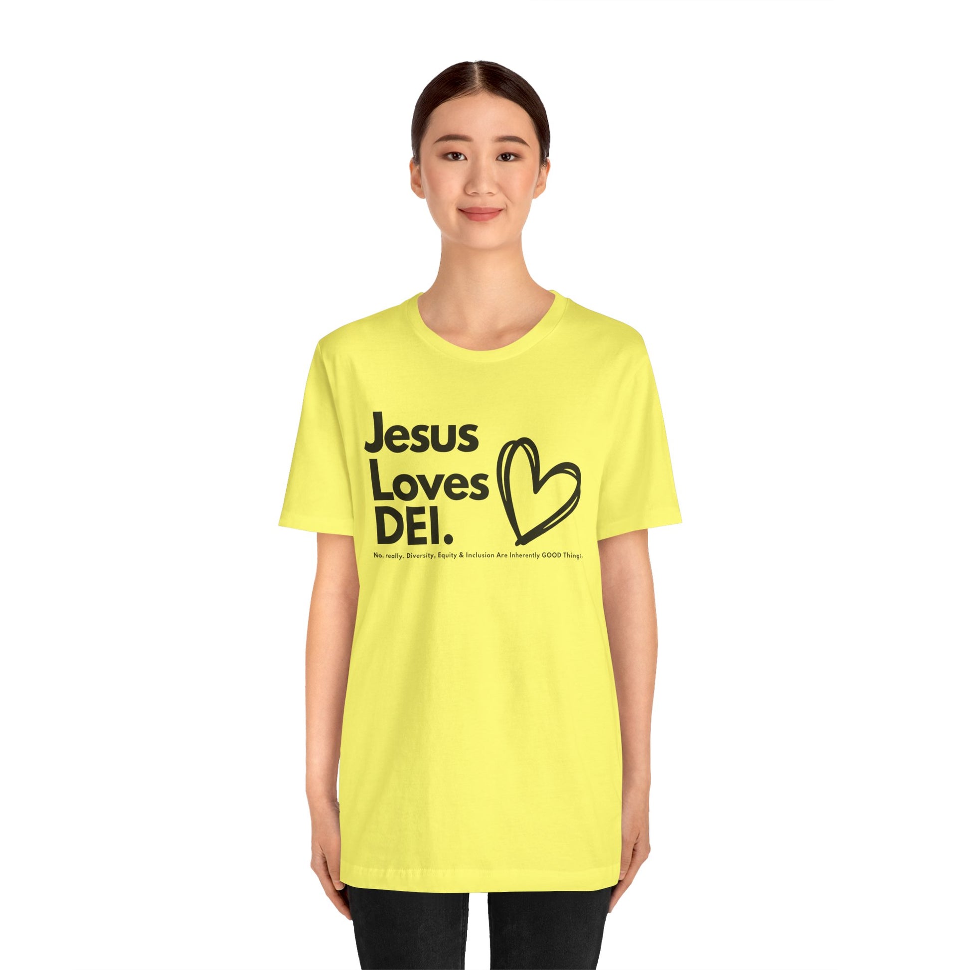 Jesus Loves DEI (Style 1, Heart) Unisex Tee | Progressive Statement T-Shirt for Everyday Wear