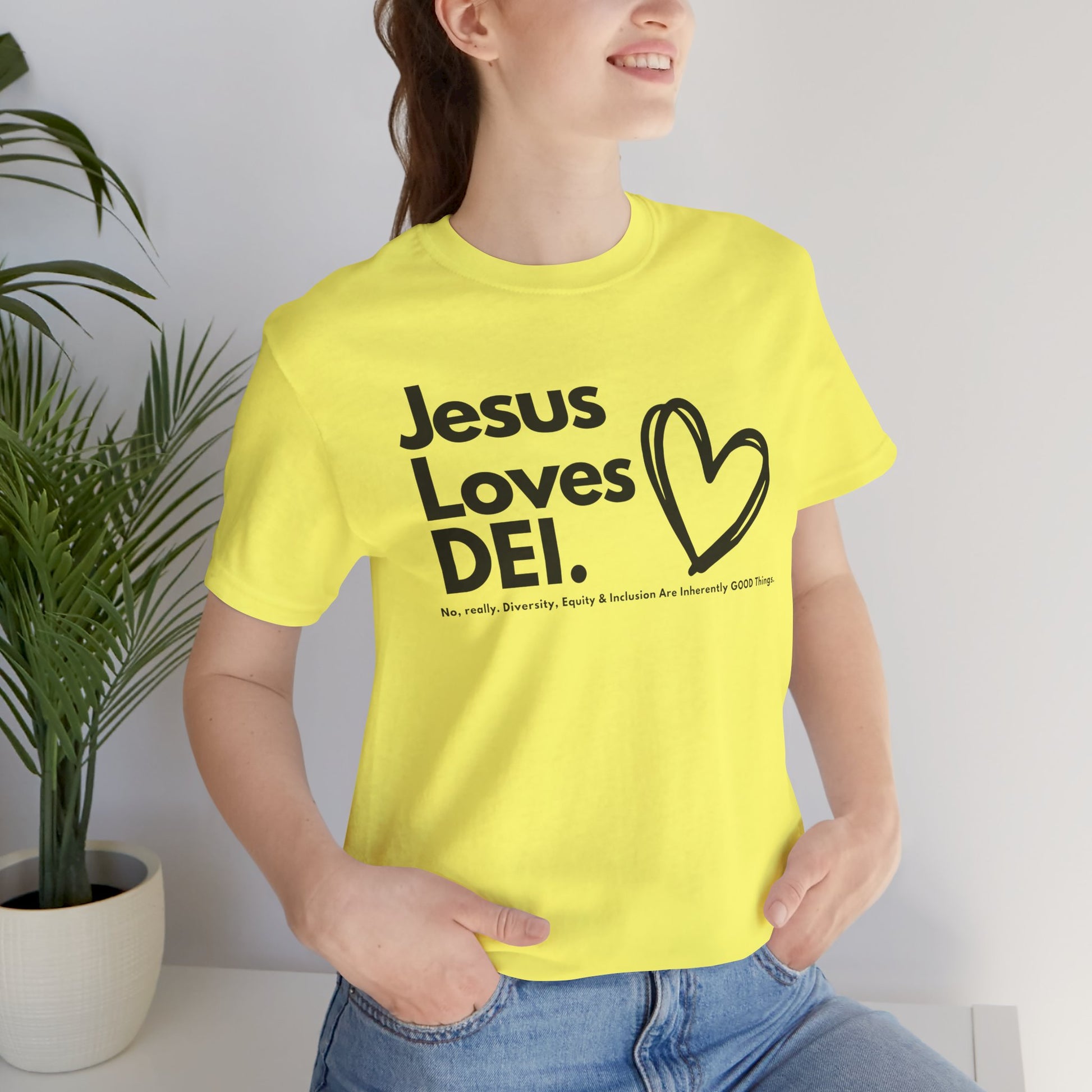 Jesus Loves DEI (Style 1, Heart) Unisex Tee | Progressive Statement T-Shirt for Everyday Wear
