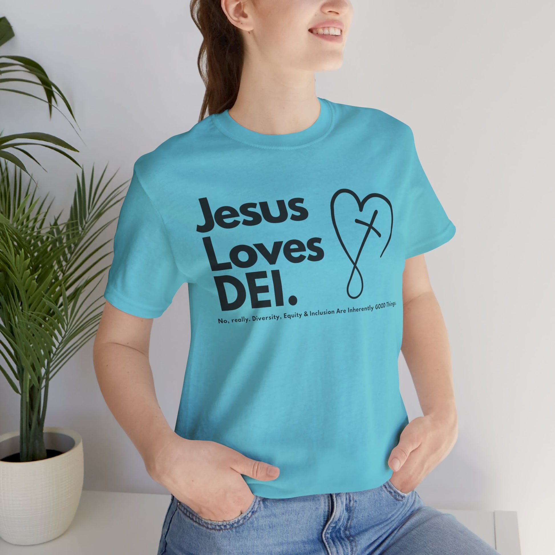 Jesus Loves DEI (Style 2, CrossHeart) Unisex Jersey Tee | Progressive Statement T-Shirt for Everyday Wear