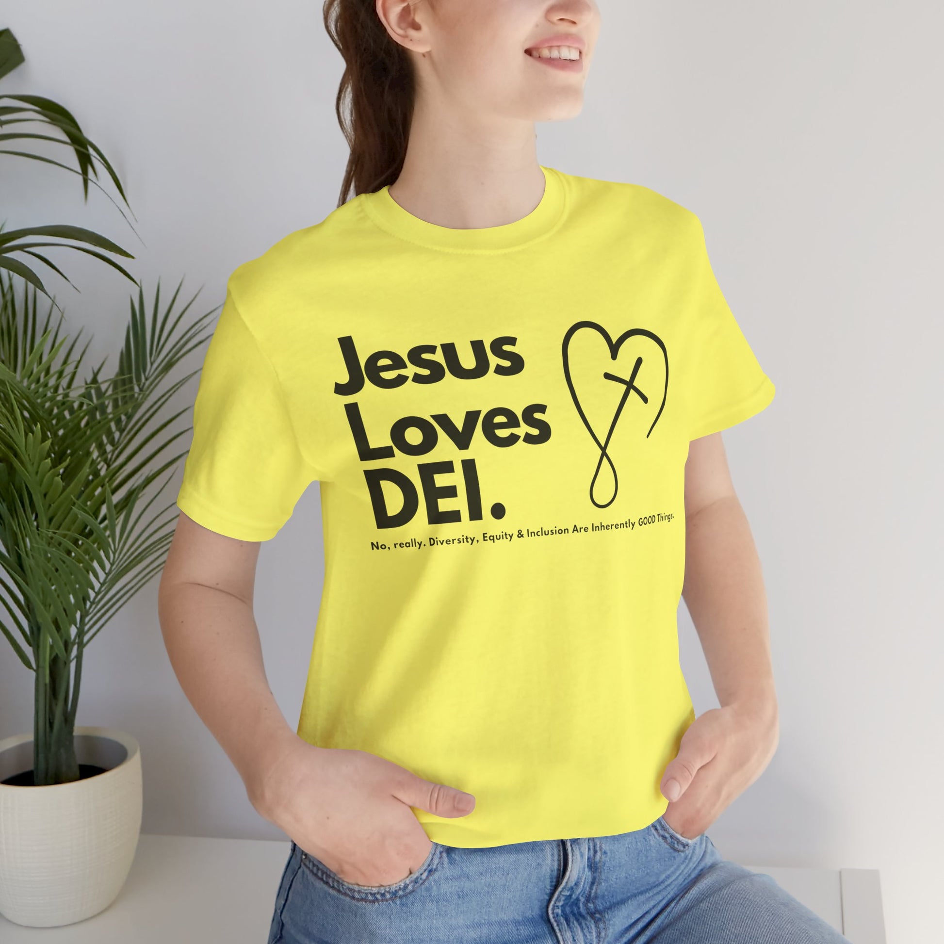 Jesus Loves DEI (Style 2, CrossHeart) Unisex Jersey Tee | Progressive Statement T-Shirt for Everyday Wear
