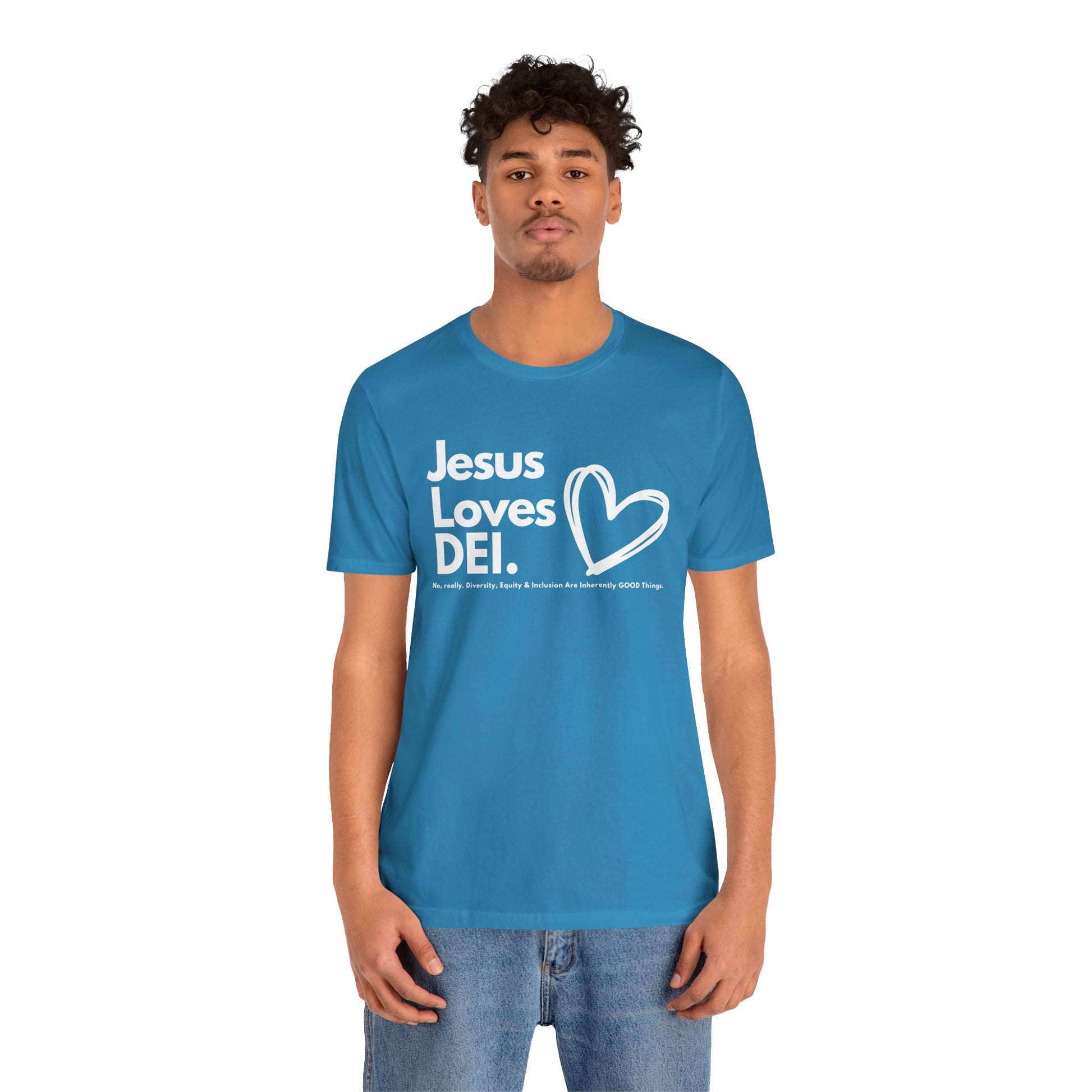 Jesus Loves DEI (Style 1, Heart) Unisex Tee | Progressive Statement T-Shirt for Everyday Wear
