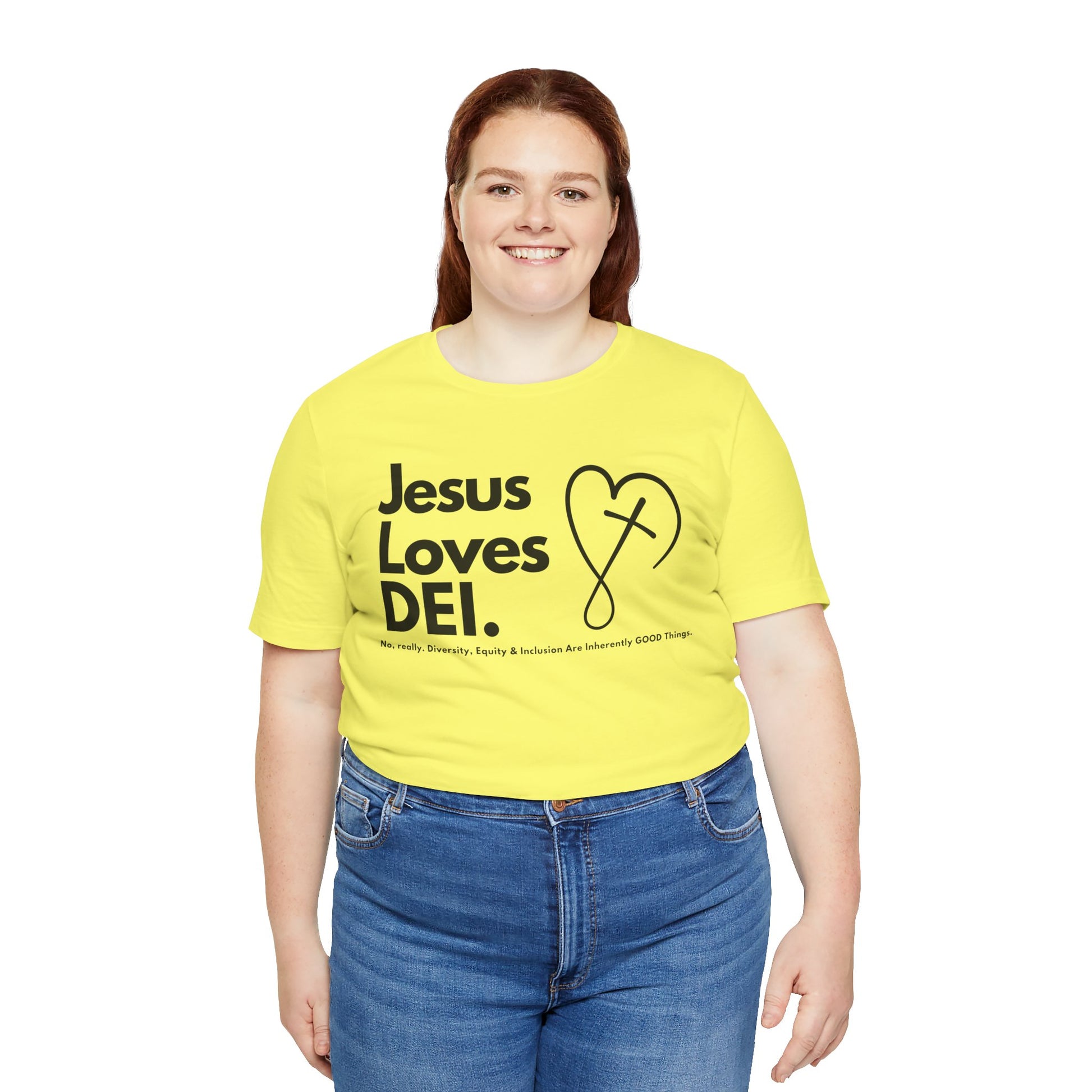Jesus Loves DEI (Style 2, CrossHeart) Unisex Jersey Tee | Progressive Statement T-Shirt for Everyday Wear