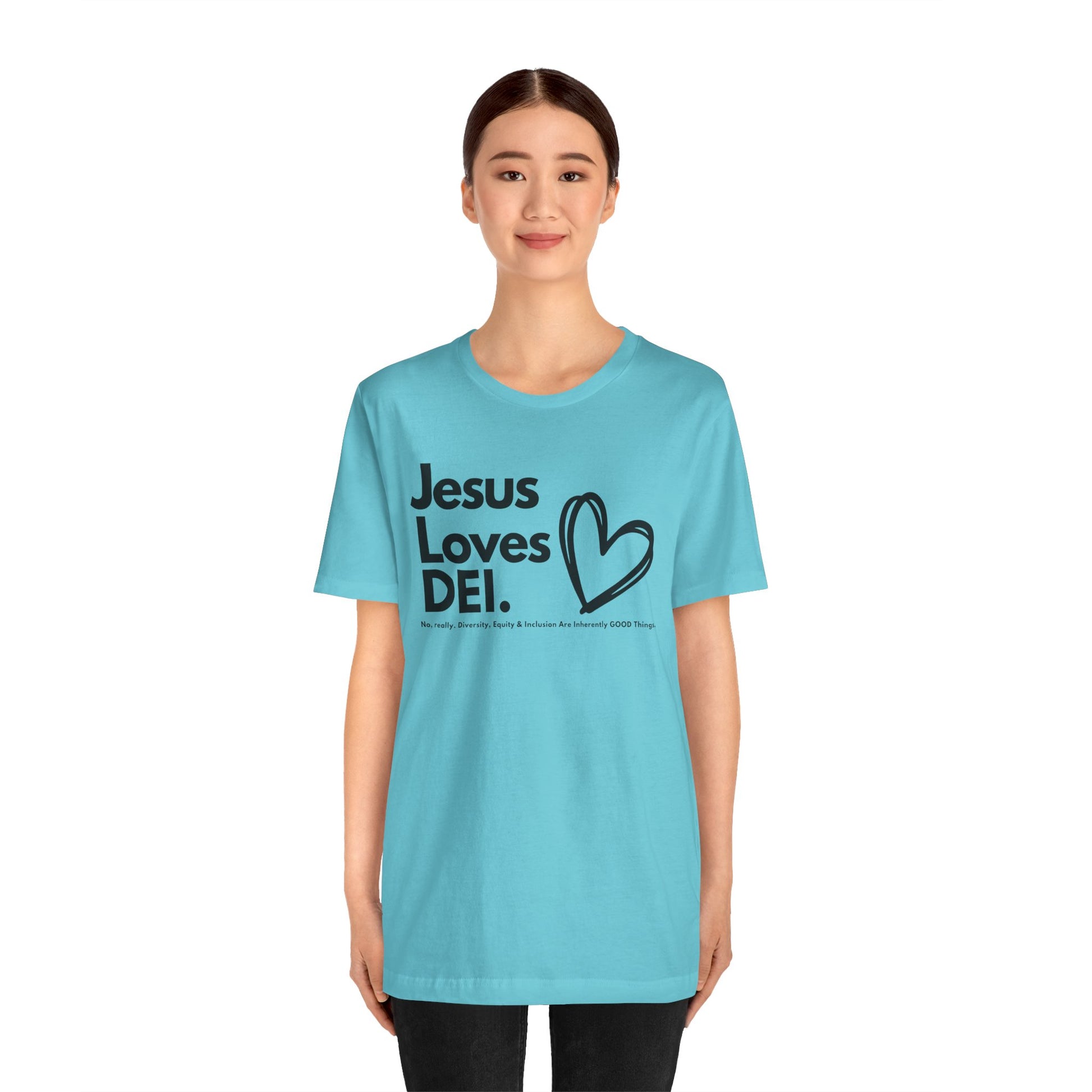 Jesus Loves DEI (Style 1, Heart) Unisex Tee | Progressive Statement T-Shirt for Everyday Wear