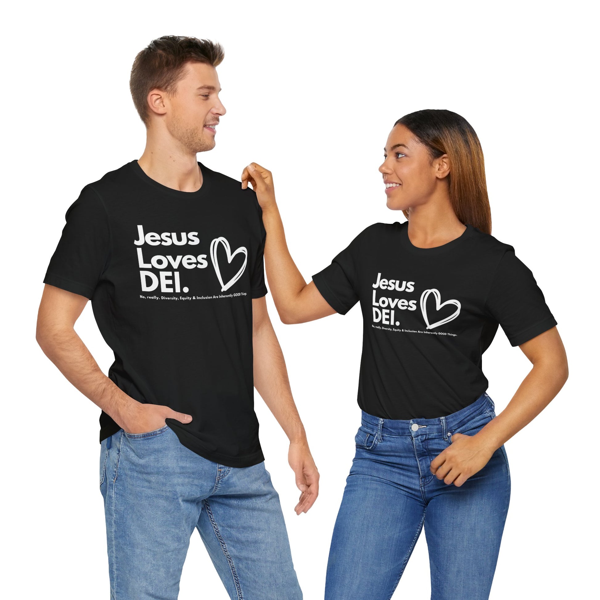 Jesus Loves DEI (Style 1, Heart) Unisex Tee | Progressive Statement T-Shirt for Everyday Wear