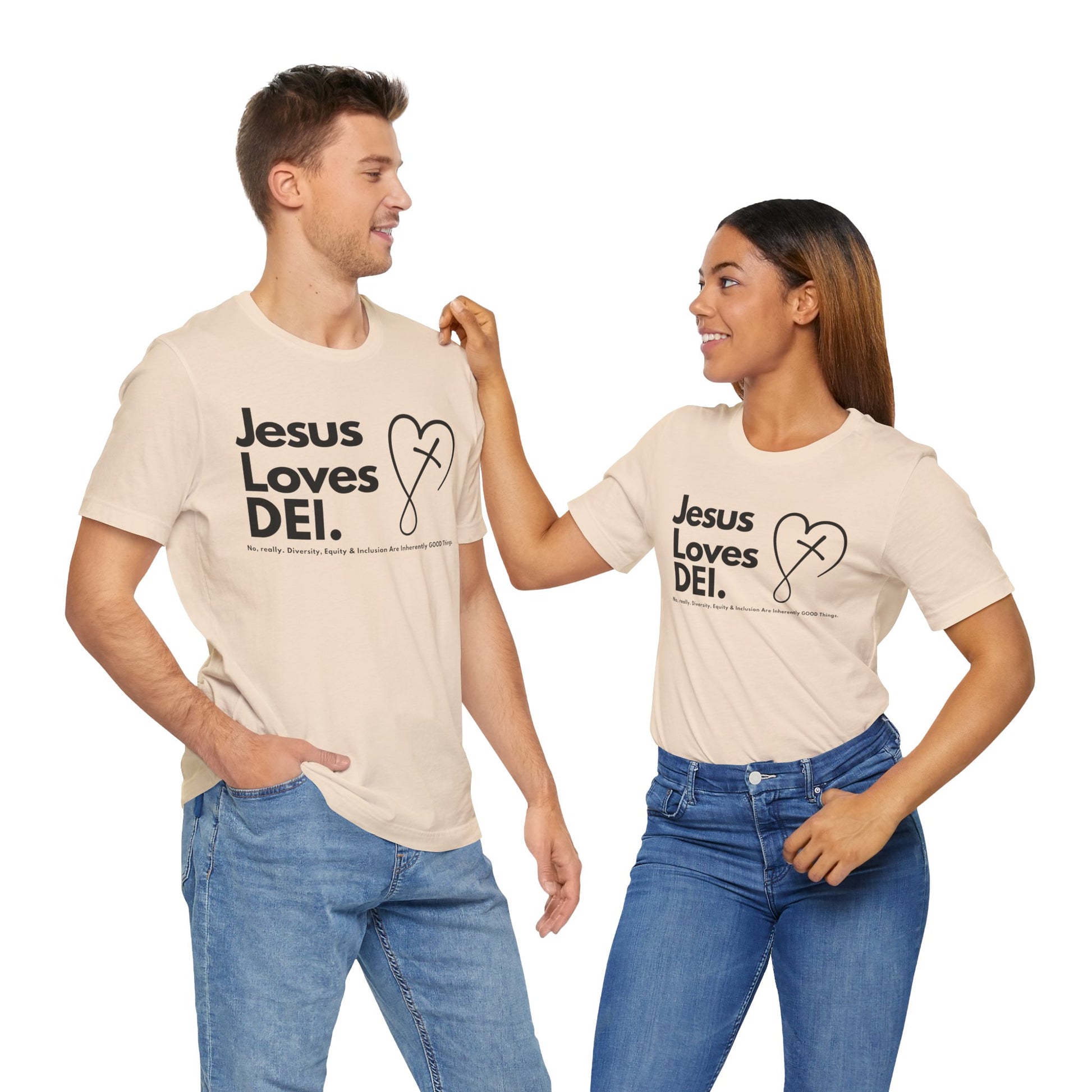 Jesus Loves DEI (Style 2, CrossHeart) Unisex Jersey Tee | Progressive Statement T-Shirt for Everyday Wear