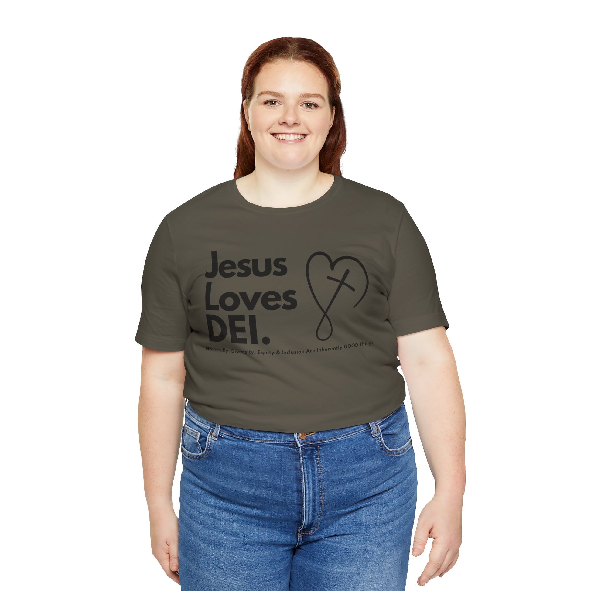 Jesus Loves DEI (Style 2, CrossHeart) Unisex Jersey Tee | Progressive Statement T-Shirt for Everyday Wear