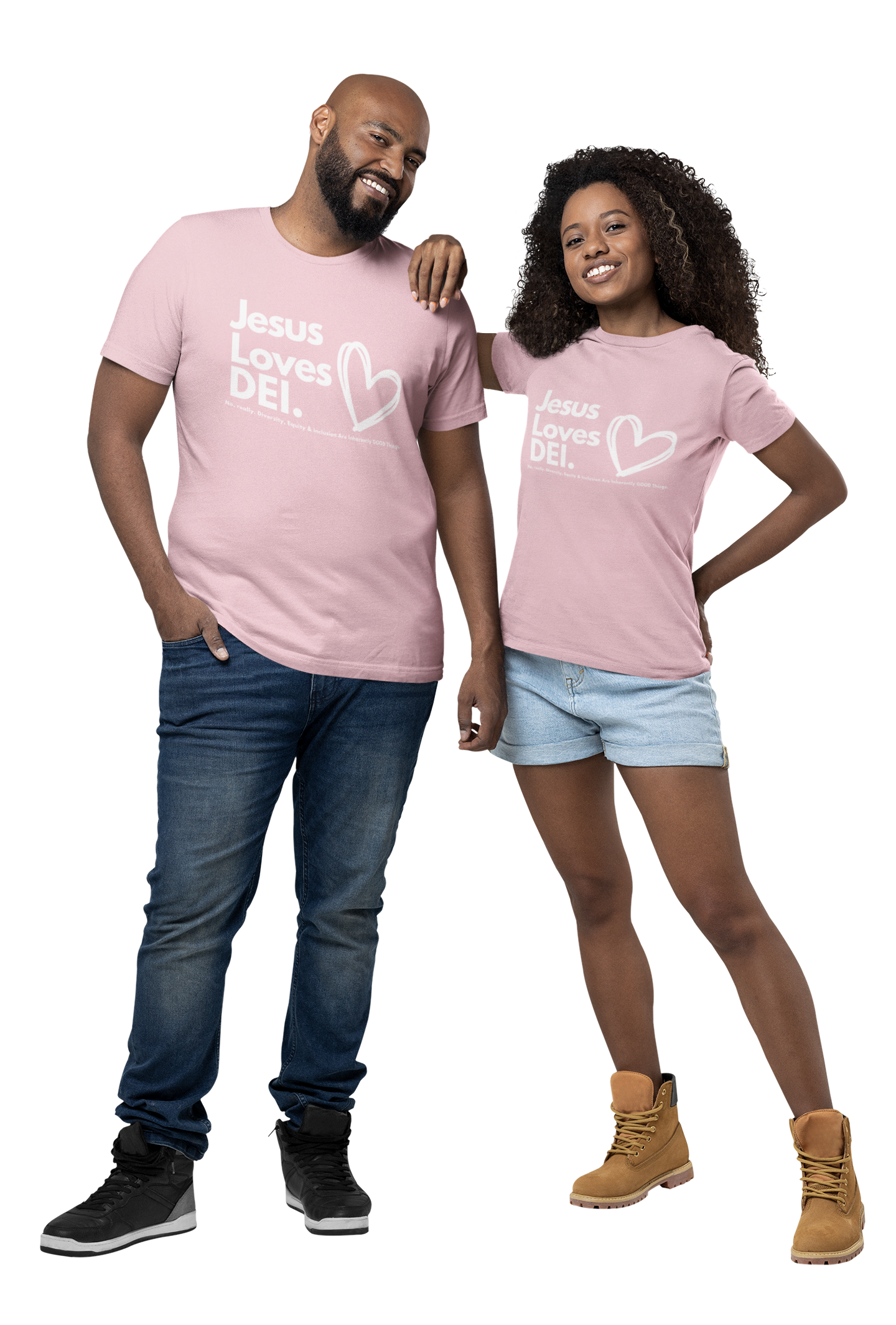 Two people wearing matching pink t-shirts with text on a white background