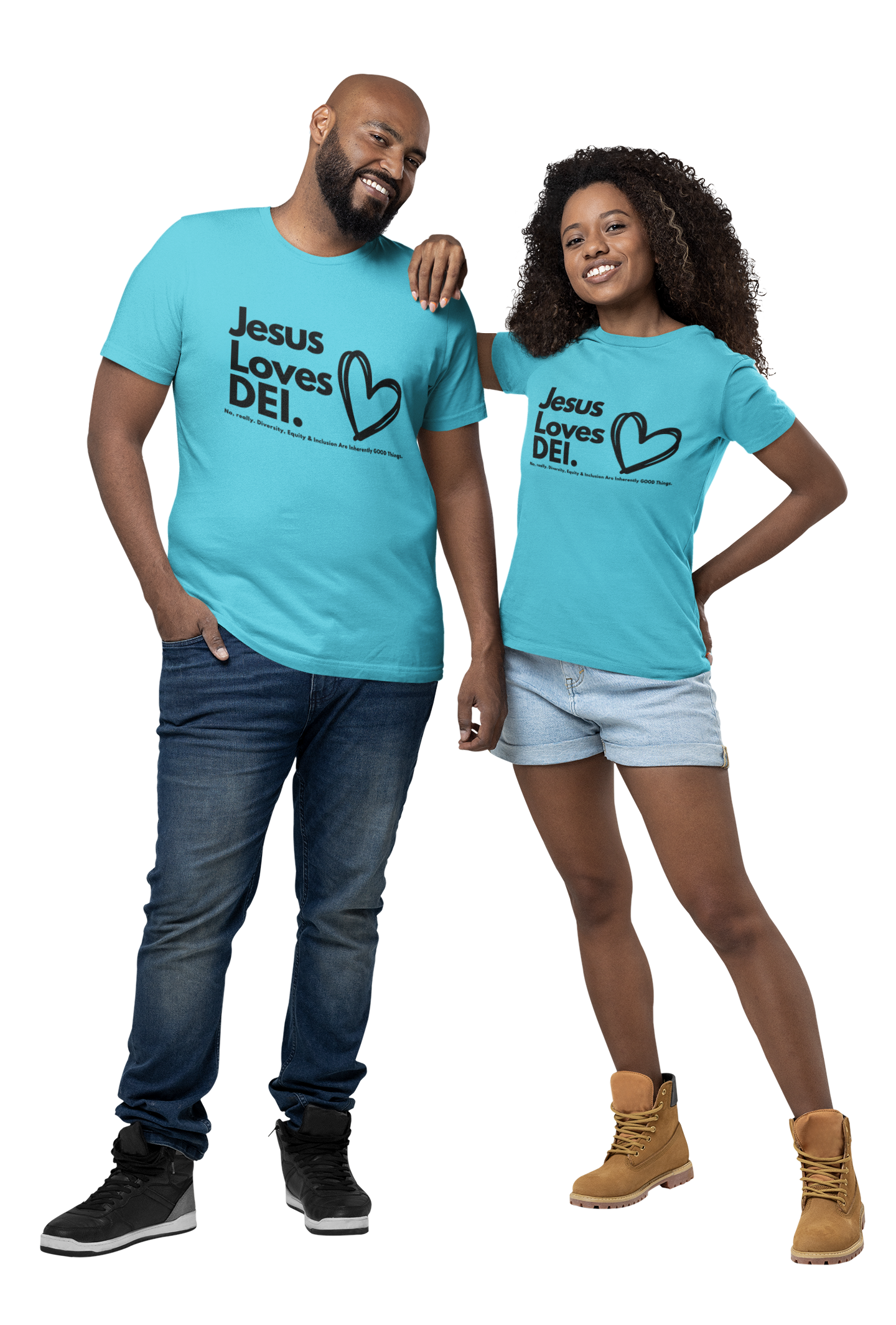 Two people wearing matching turquoise blue t-shirts with 'Jesus Loves DEI' text.