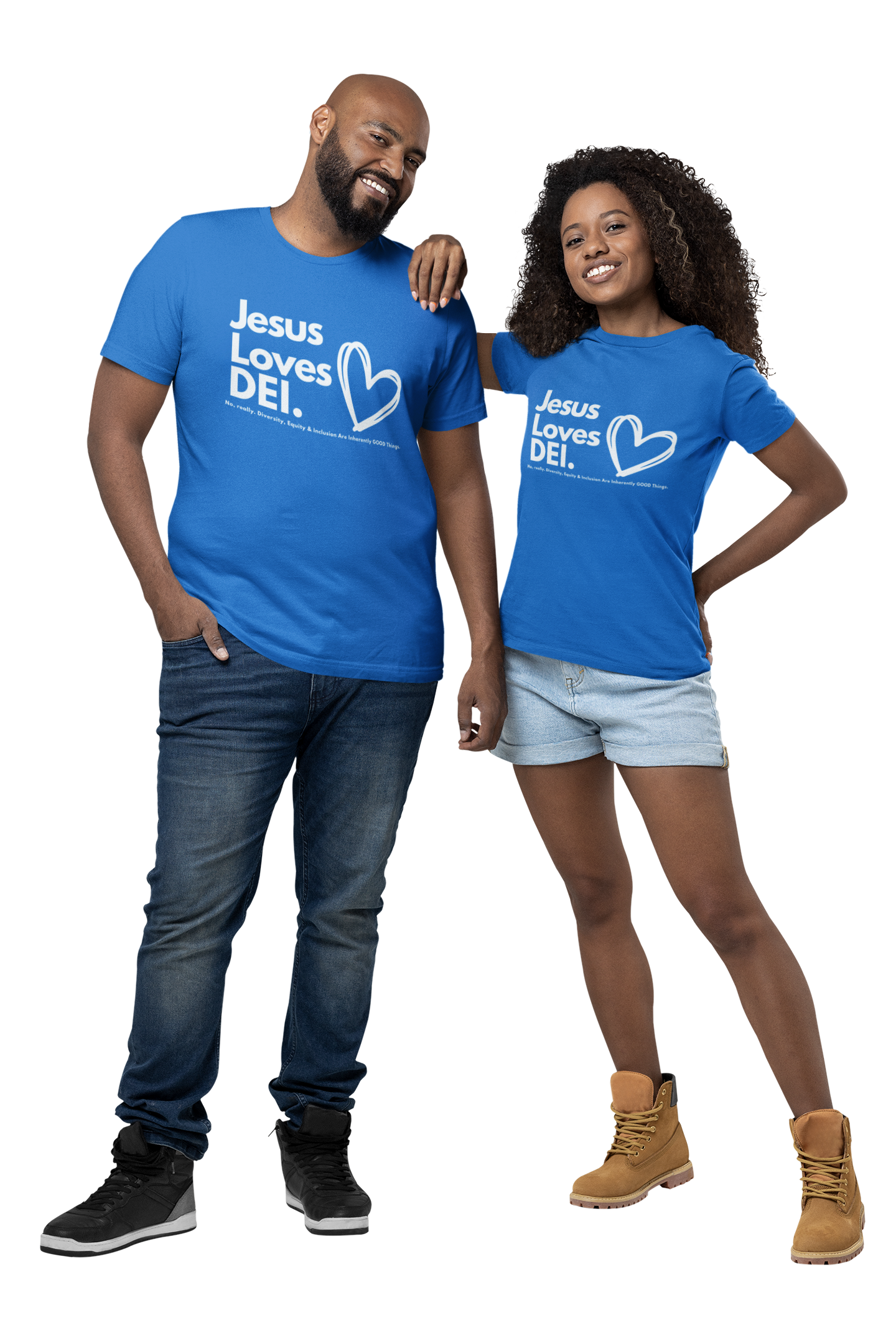 Two people wearing aqua blue t-shirts with 'Jesus Loves DEI' text on a white background