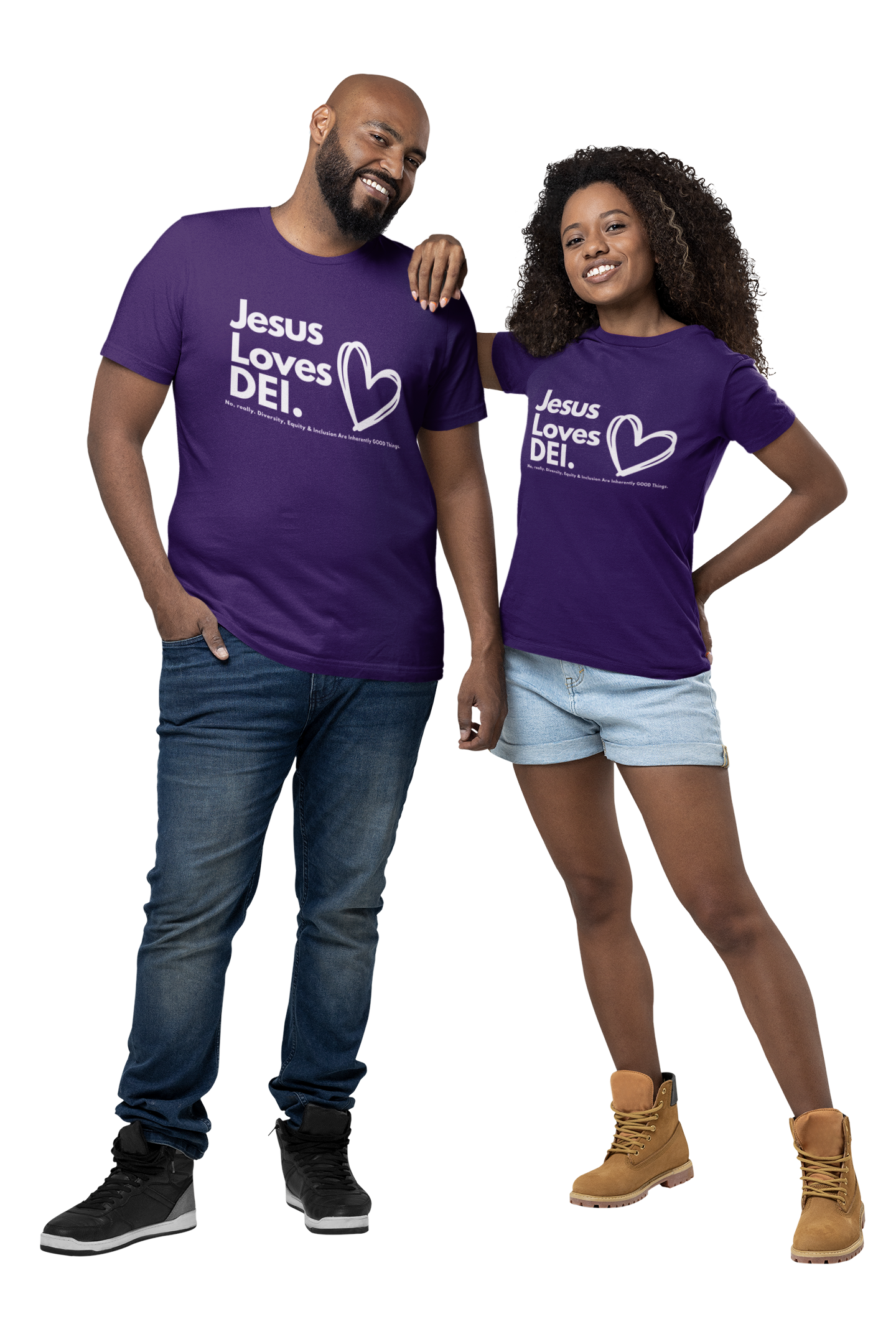 Two people wearing purple t-shirts with 'Jesus Loves DEL' text and heart graphic on a white background.
