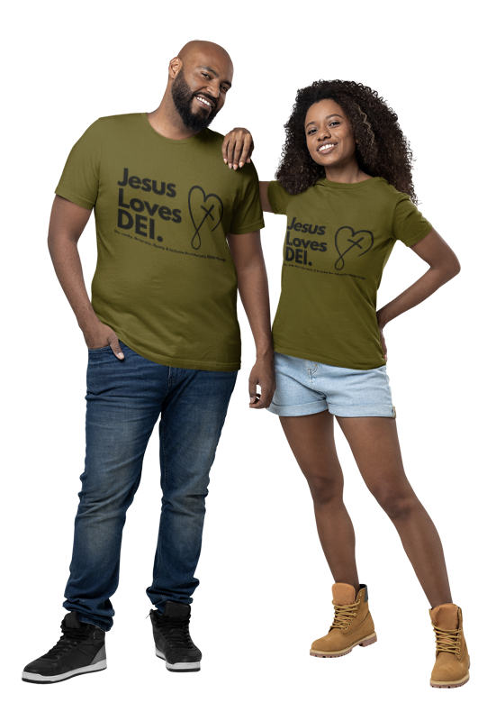 Two people wearing olive green t-shirts with 'Jesus Loves DEI' text on a white background