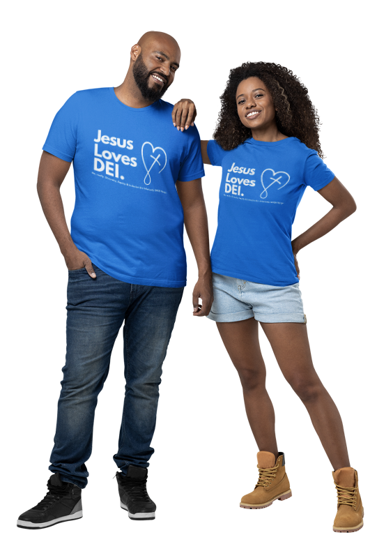 Two people wearing aqua blue t-shirts with 'Jesus Loves DEI' text on a white background