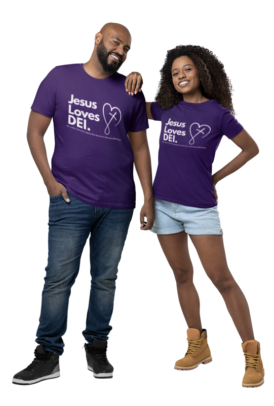 Two people wearing purple t-shirts with 'Jesus Loves DEI' text on a white background
