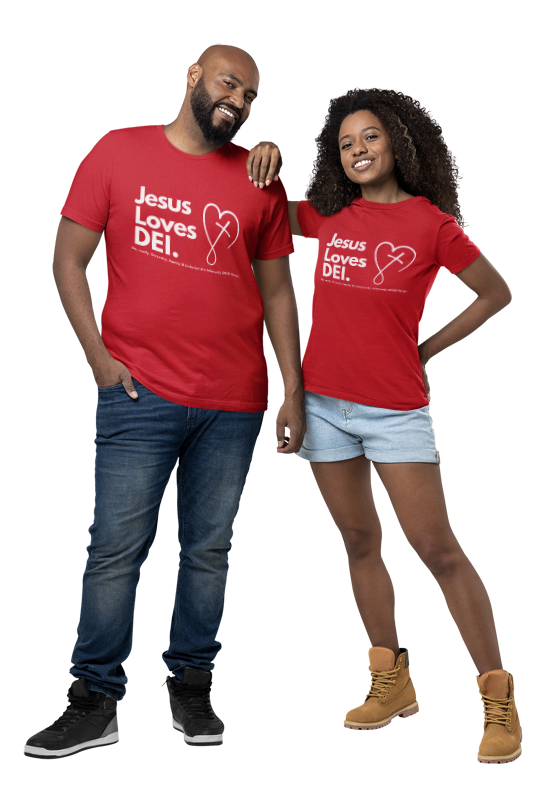 Two people wearing red t-shirts with 'Jesus Loves DEI' text on a white background