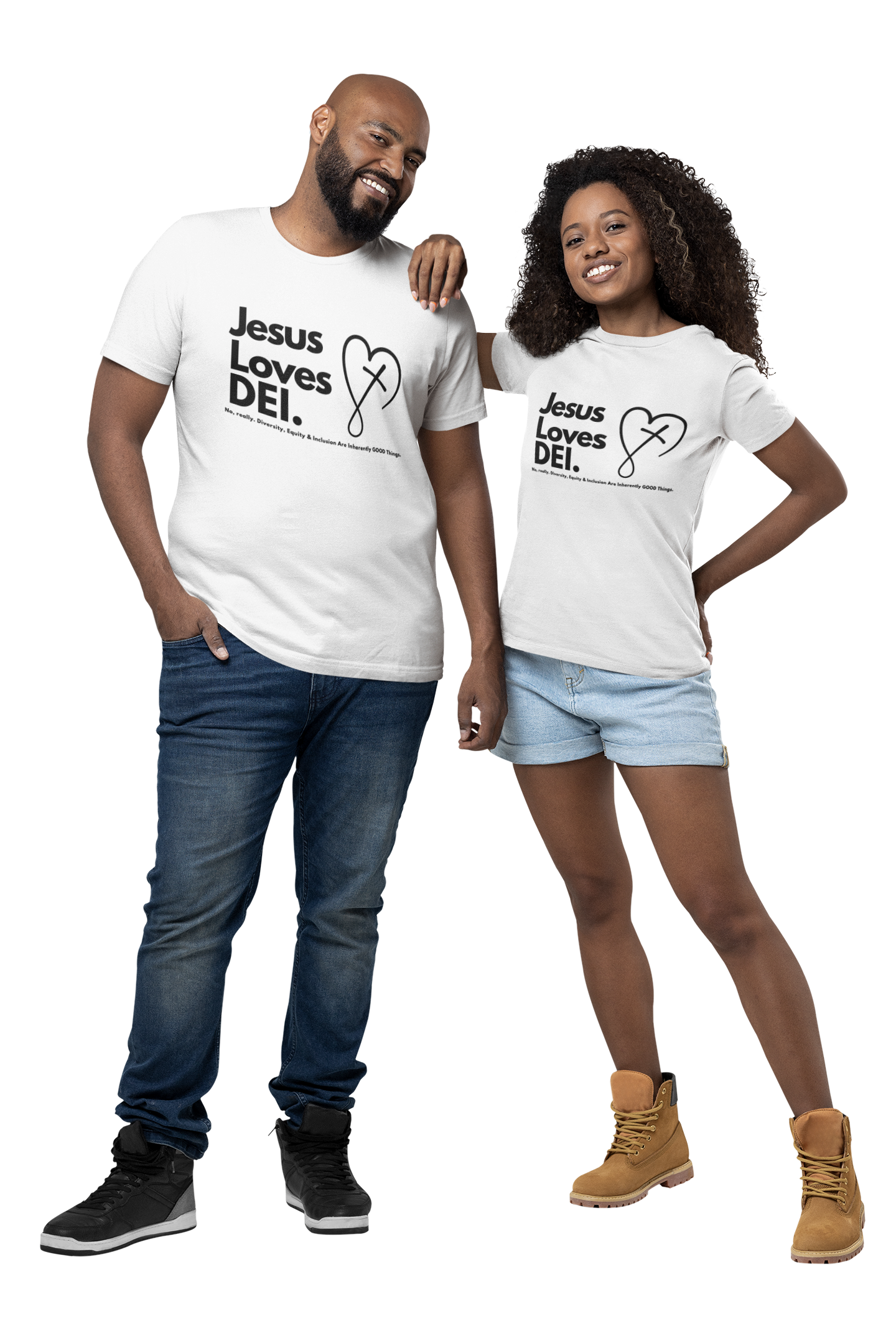 Two people wearing white t-shirts with 'Jesus Loves DEI' text on a white background