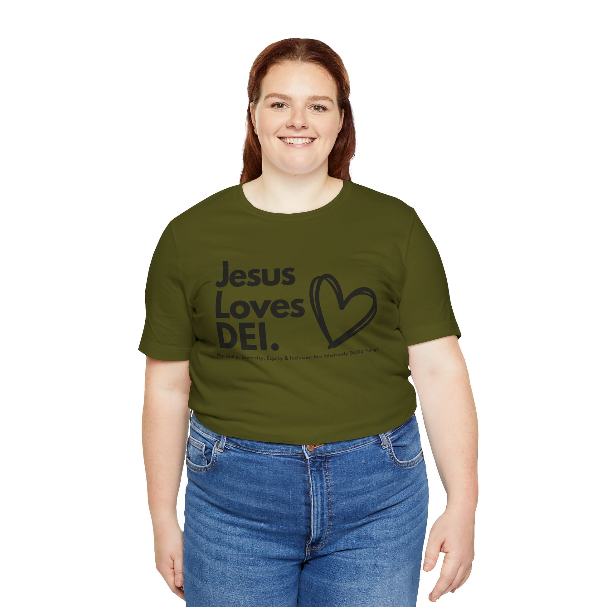 Jesus Loves DEI (Style 1, Heart) Unisex Tee | Progressive Statement T-Shirt for Everyday Wear
