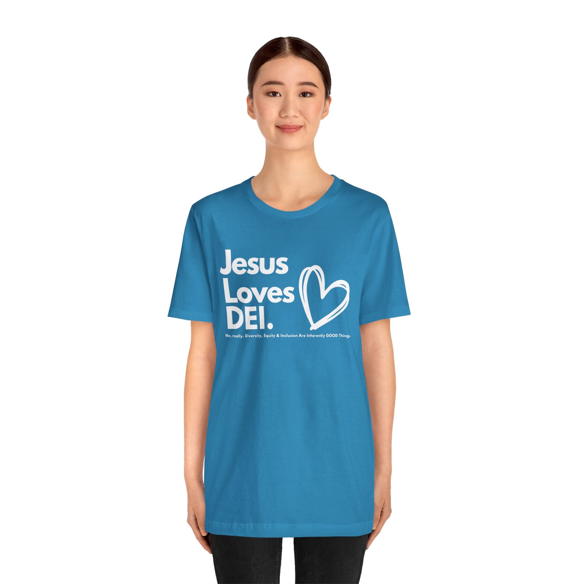 Jesus Loves DEI (Style 1, Heart) Unisex Tee | Progressive Statement T-Shirt for Everyday Wear