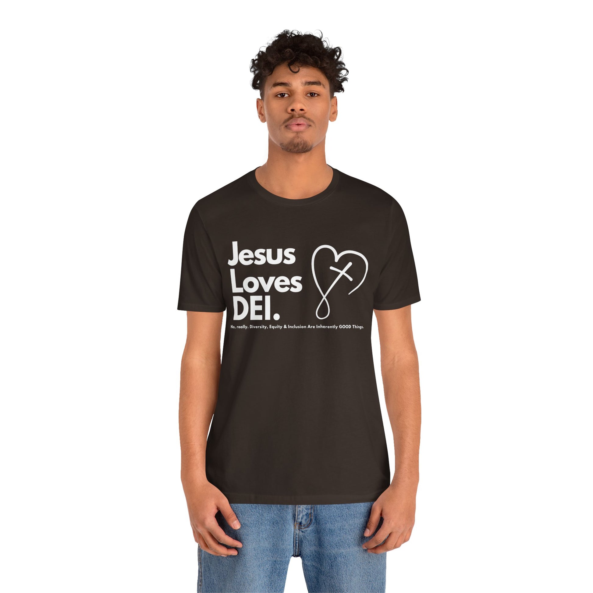 Jesus Loves DEI (Style 2, CrossHeart) Unisex Jersey Tee | Progressive Statement T-Shirt for Everyday Wear