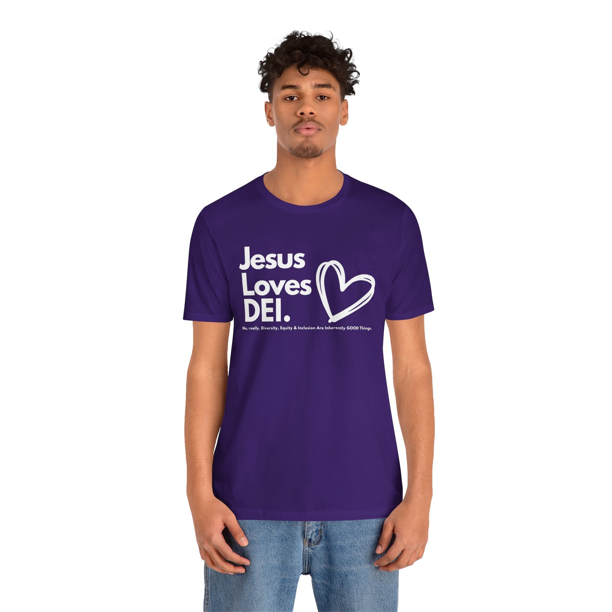 Jesus Loves DEI (Style 1, Heart) Unisex Tee | Progressive Statement T-Shirt for Everyday Wear