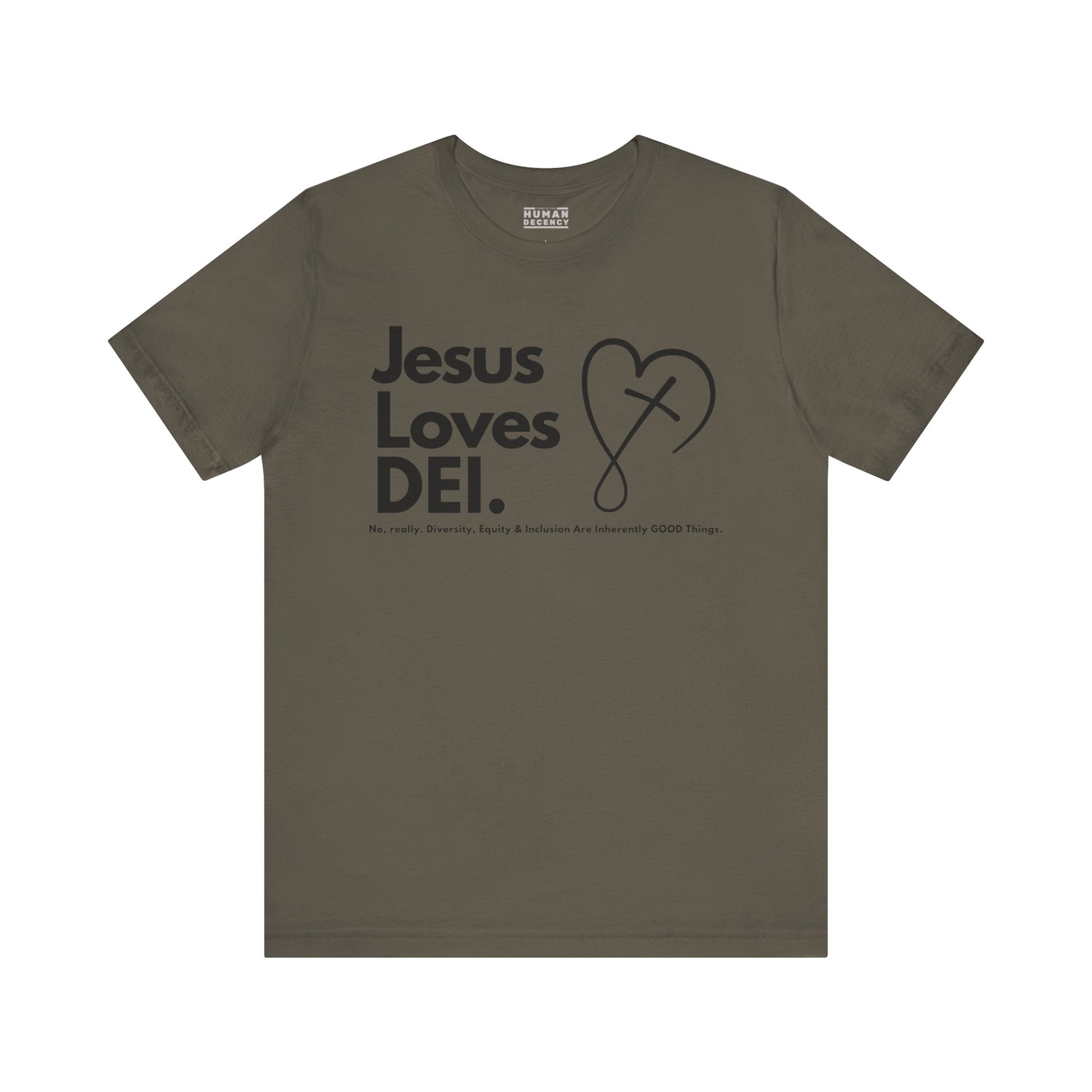 Jesus Loves DEI (Style 2, CrossHeart) Unisex Jersey Tee | Progressive Statement T-Shirt for Everyday Wear