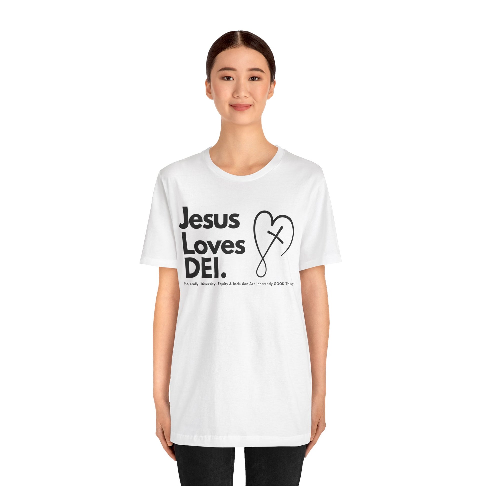 Jesus Loves DEI (Style 2, CrossHeart) Unisex Jersey Tee | Progressive Statement T-Shirt for Everyday Wear